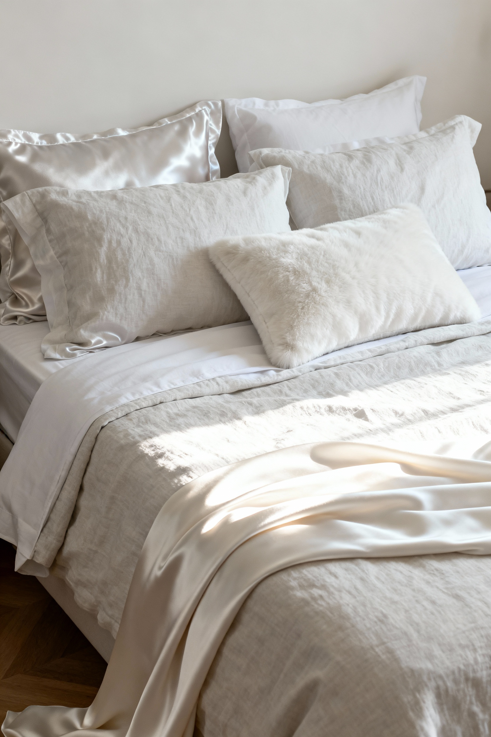 A luxurious white bedroom featuring a bed dressed with diverse white textiles, including matte linen and sheen silk, demonstrating the contrast between matte and sheen fabrics for dynamic visual interest.