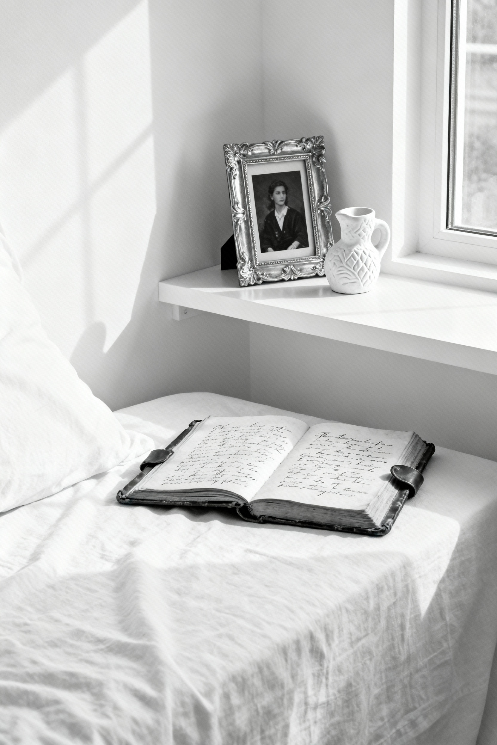 Close-up of personalized items in a white bedroom, featuring a vintage framed photo, a ceramic sculpture, and an open journal on a white bedside table, subtly illuminated.