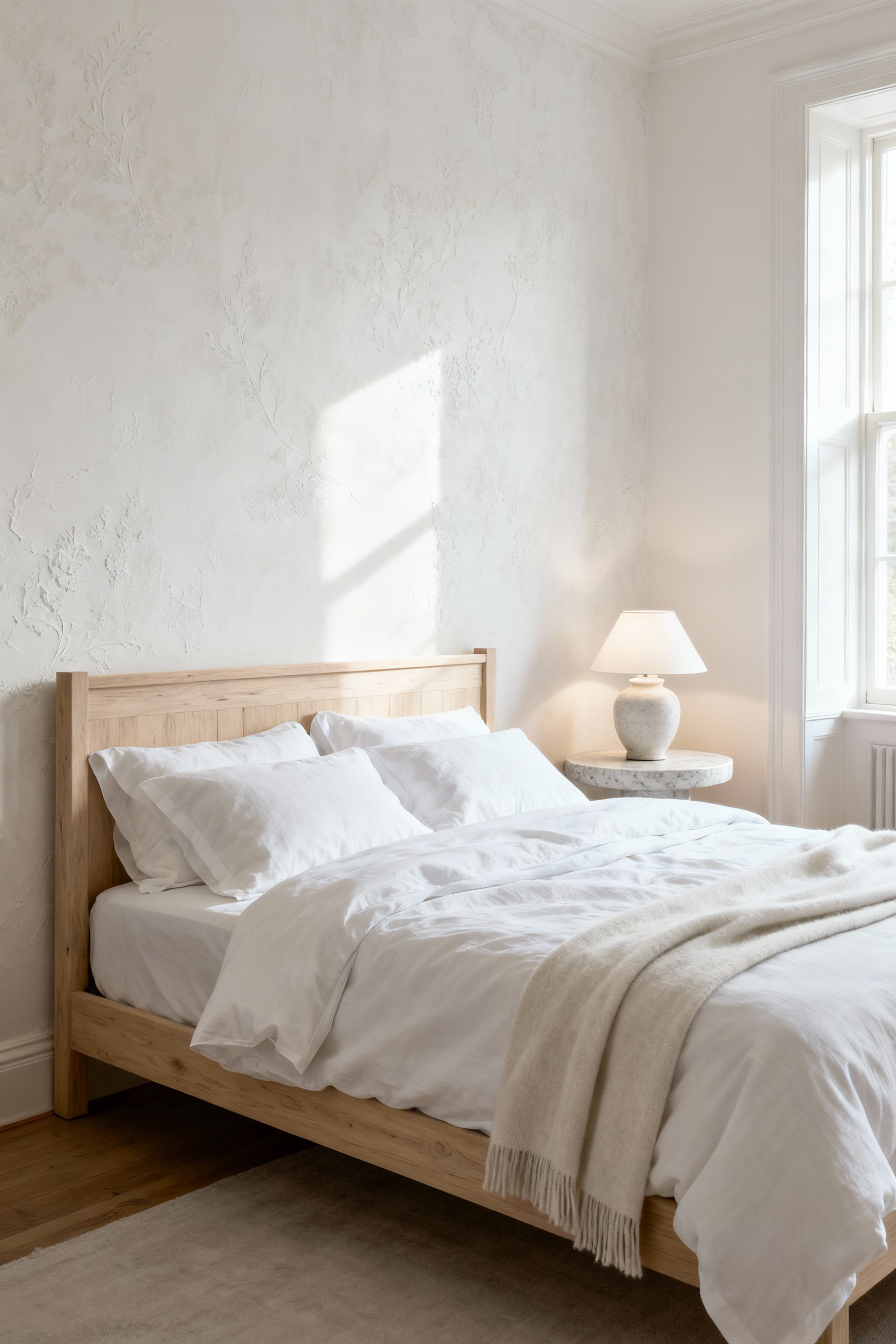 A timeless white bedroom featuring a high-quality solid wood bed, luxurious white linen bedding, and a limewash wall, illustrating enduring design investments.