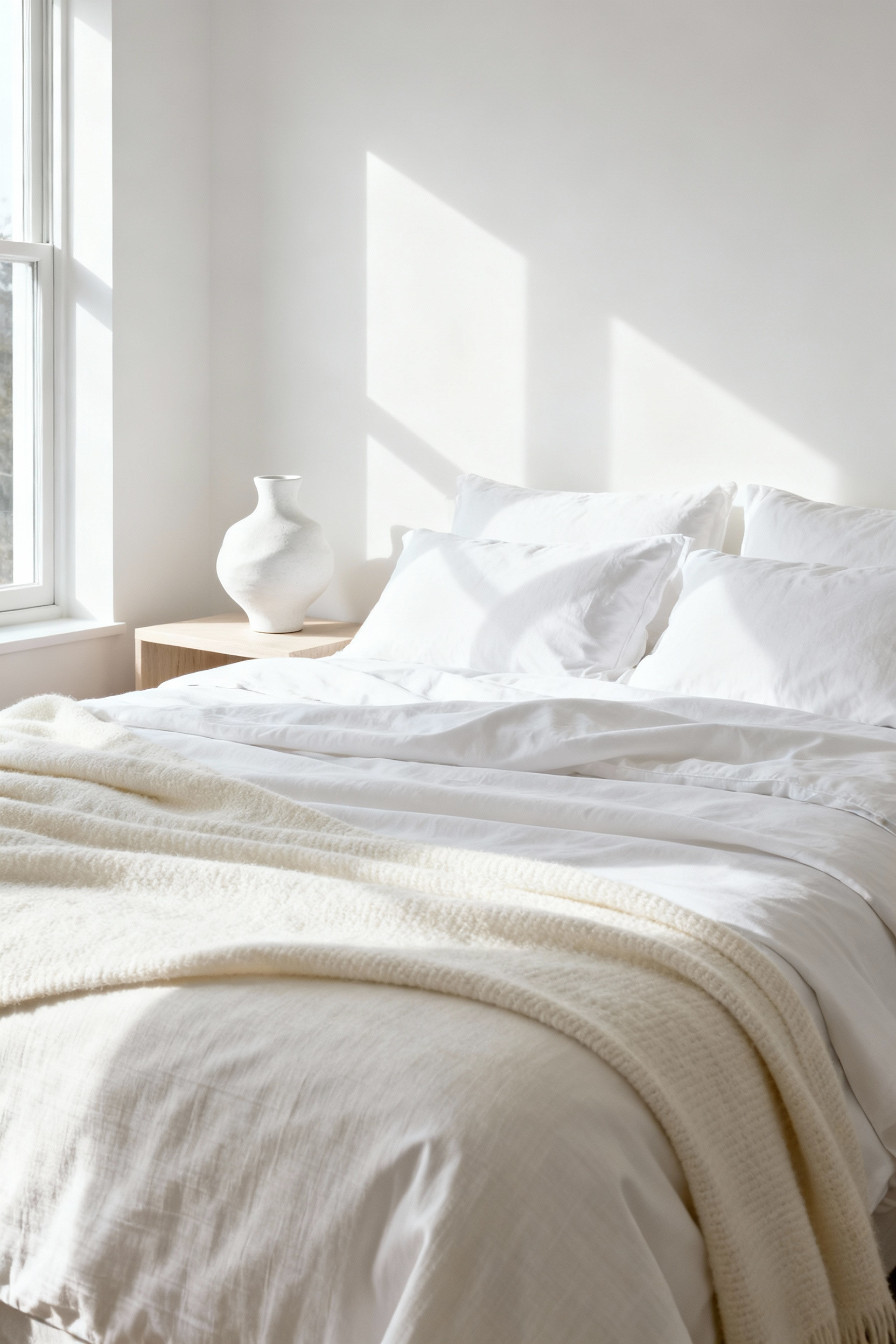White bedroom with layered textiles in various subtle white and ivory undertones, featuring natural light highlighting textures and creating depth.