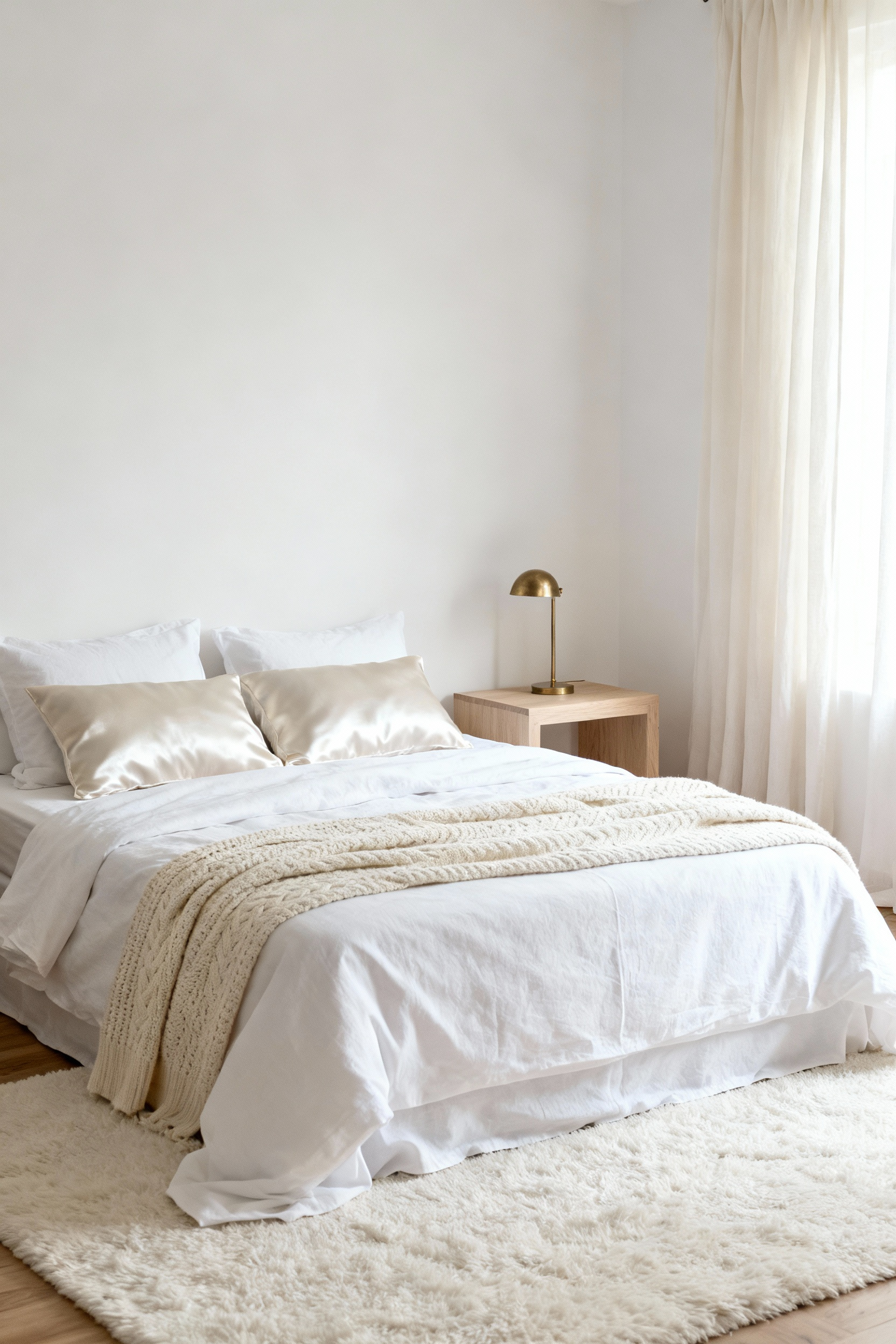 Luxurious white bedroom featuring layered bedding, off-white rug, light oak side table, and brushed brass lamp, showcasing tonal white and neutral accents for depth.