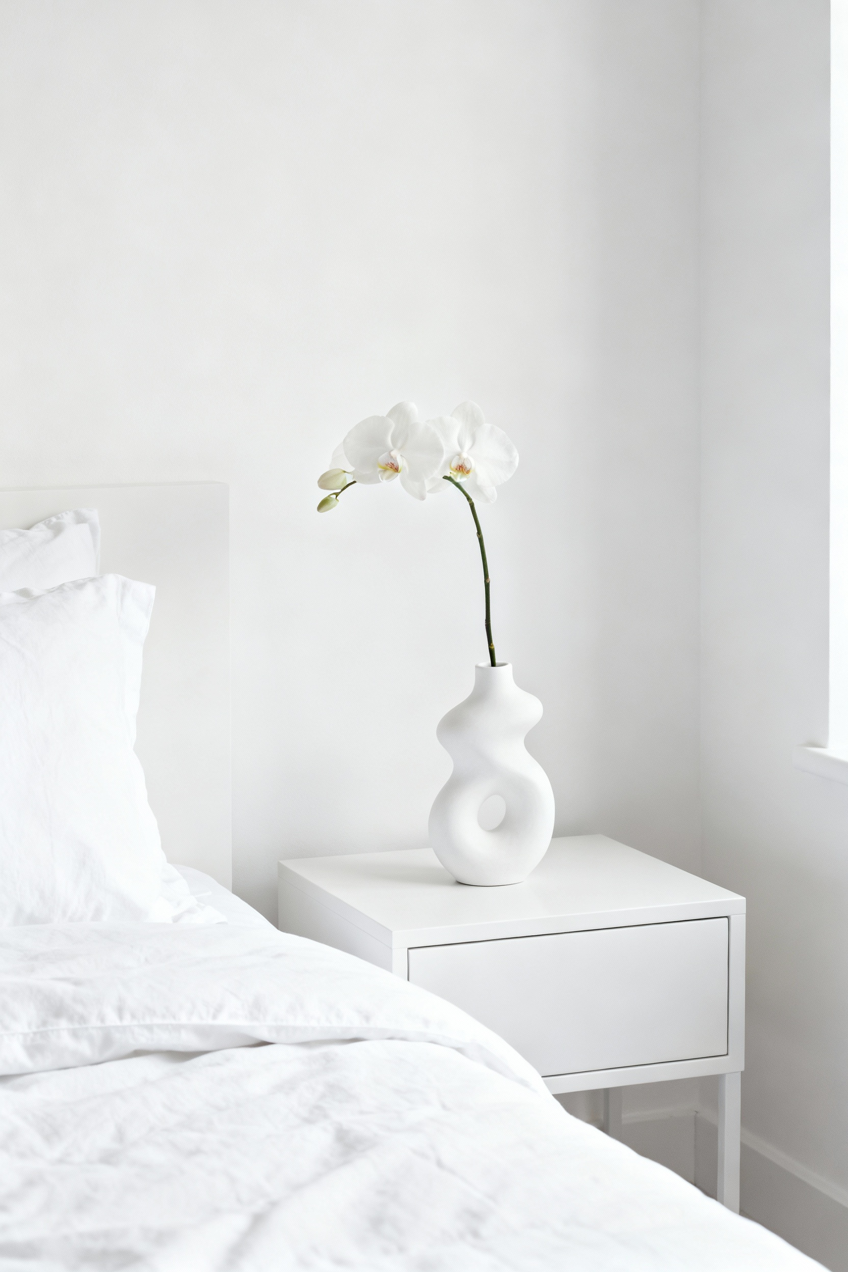 Close-up of pristine white bedroom with crisp white linens and minimalist decor, emphasizing cleanliness and careful maintenance.