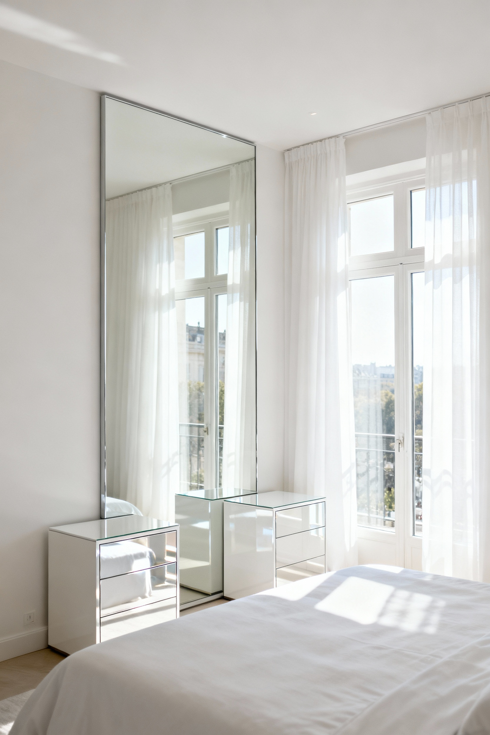 A pristine white bedroom featuring a large frameless mirror and polished lacquer furniture strategically placed to maximize natural light and create an illusion of spaciousness and luminous depth.