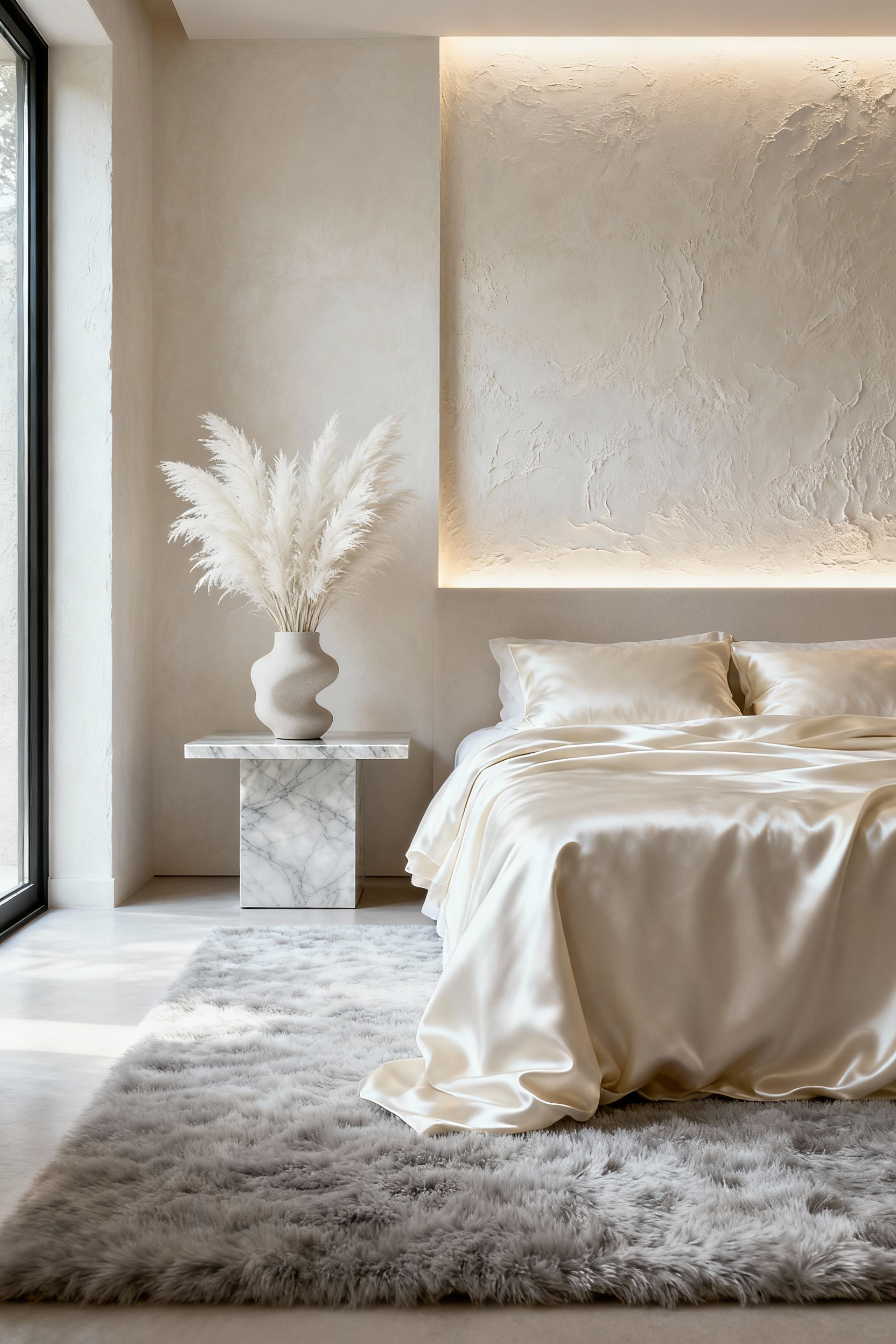 A serene white bedroom showcasing visual equilibrium with subtle layering of pale hues, diverse textures like silk and polished marble, and a sculptural wooden accent chair under balanced natural and artificial light.