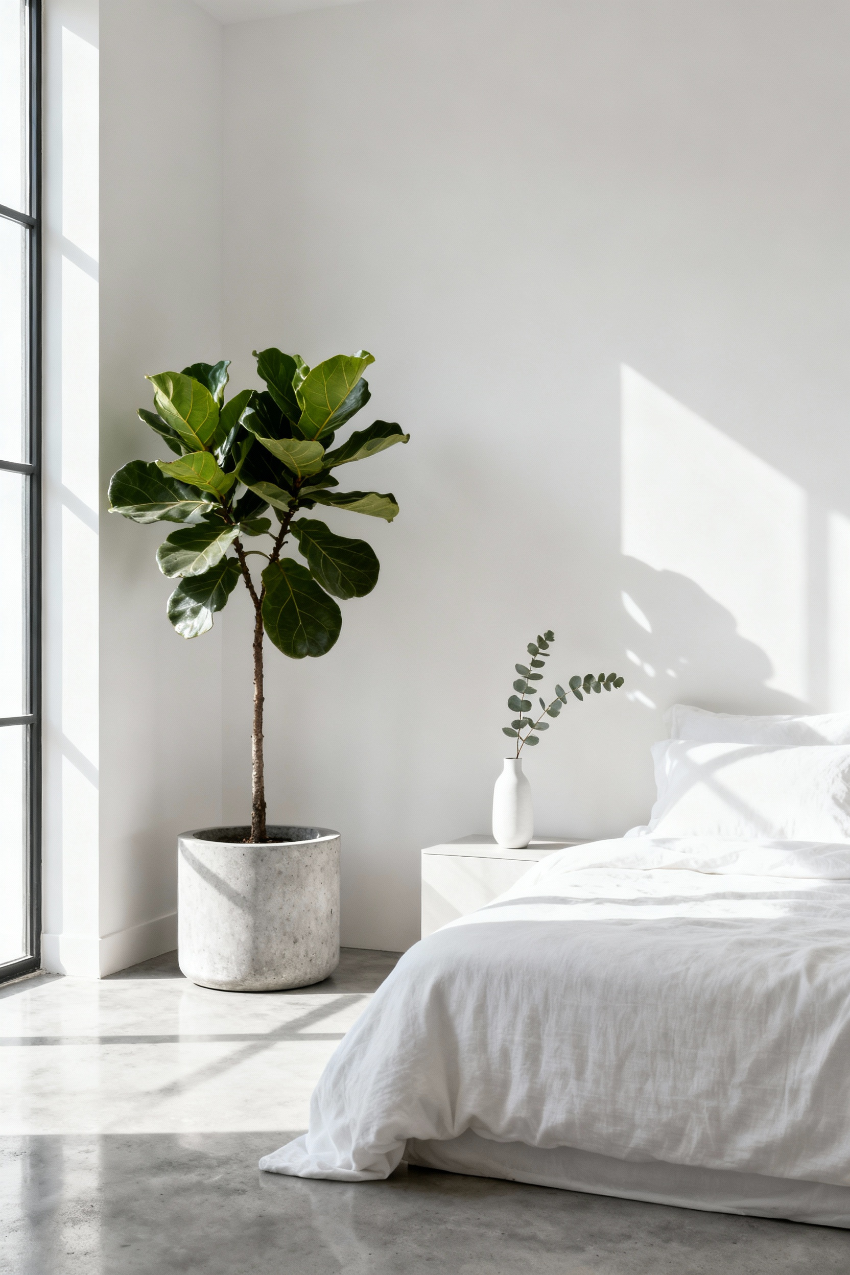Luxurious white bedroom featuring a Ficus Lyrata plant in a concrete planter and eucalyptus sprigs on a bedside table, embodying biophilic design.