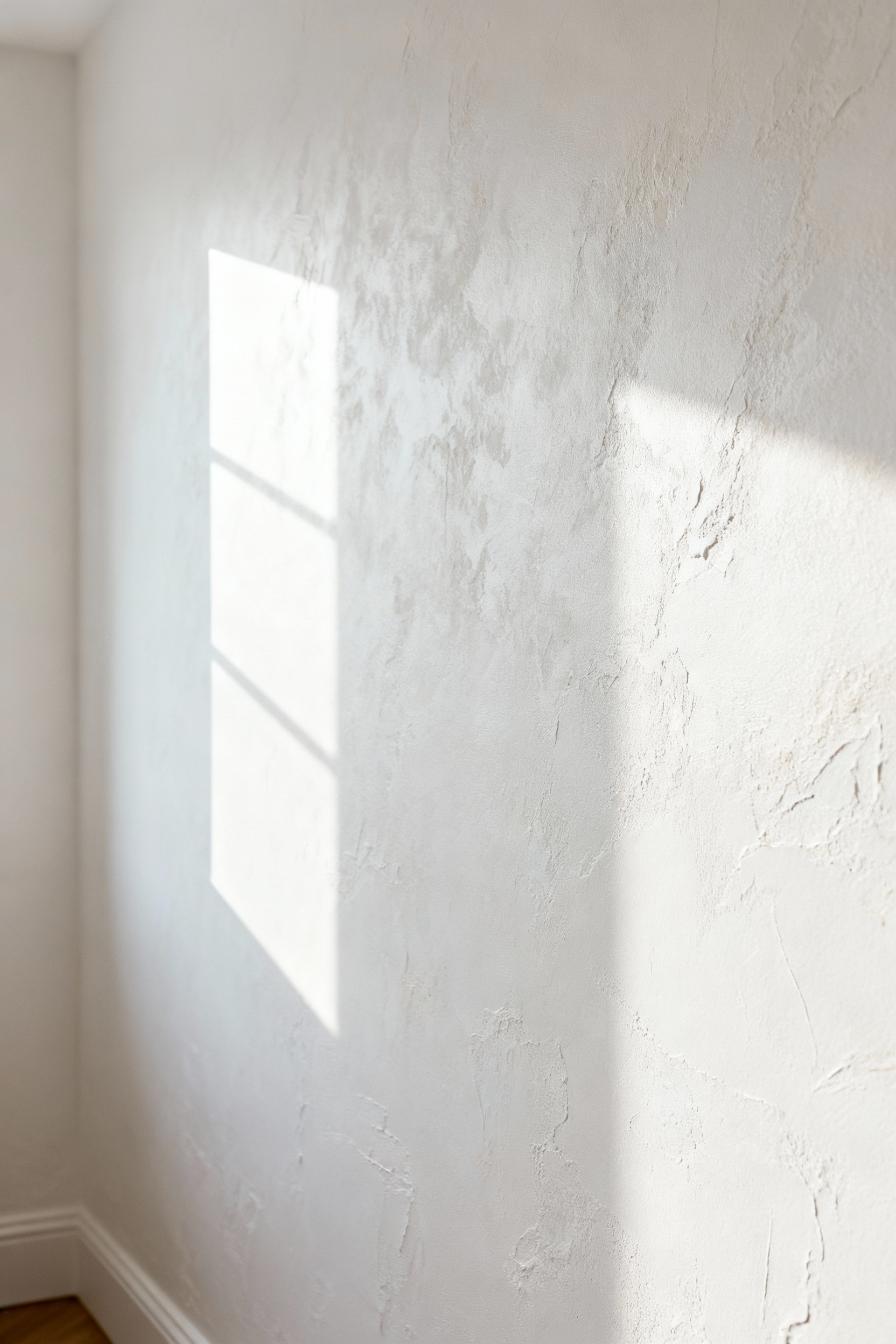 A serene white bedroom featuring walls with bespoke limewash and plaster finishes, showcasing subtle textures, organic patina, and soft, diffused light. No people.