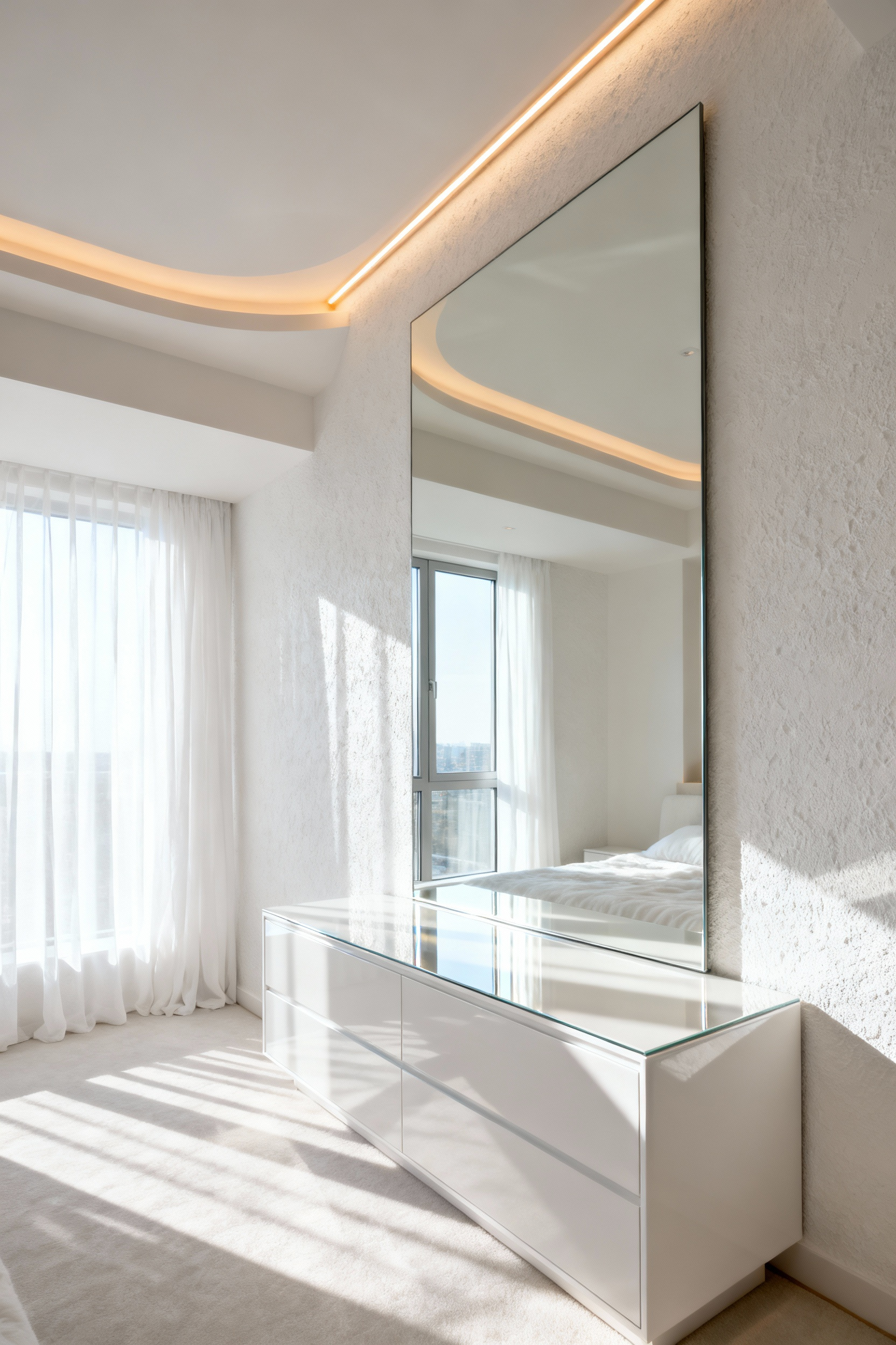 A bright and airy white bedroom showcasing layered white textures and smart lighting design to enhance natural light and spatial volume. Ideal for white bedroom ideas focusing on light architecture and serene interiors.