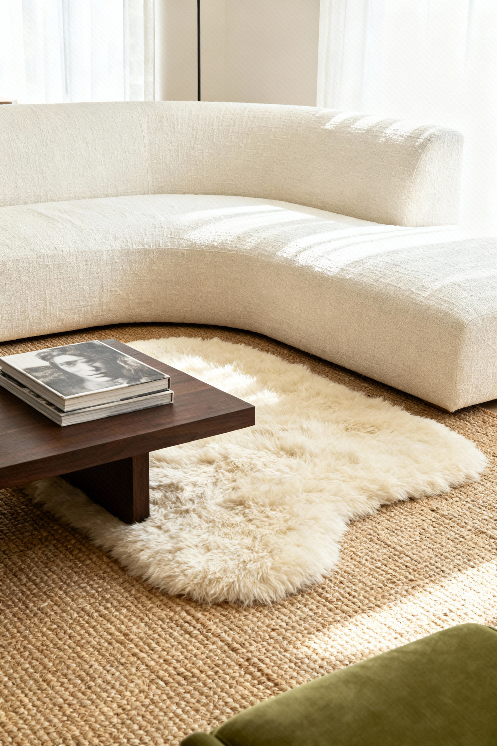 Layered living room rugs featuring a large, natural-fiber sisal base grounded by a smaller, cream high-pile wool rug defining the seating zone under a linen sofa.