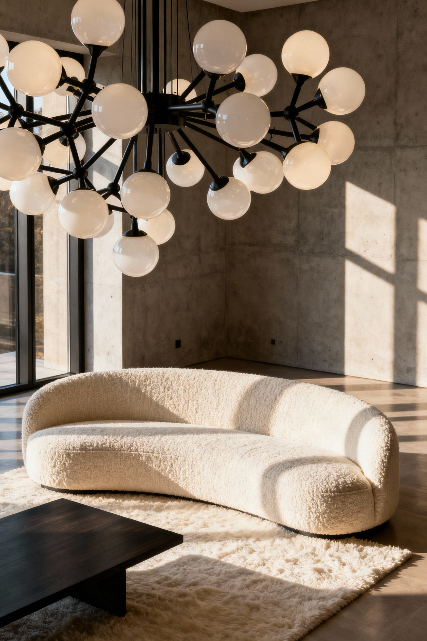 A high-end living room featuring an oversized, sculptural black metal and glass chandelier serving as the central art piece above a cream curved sofa and dark wood coffee table.