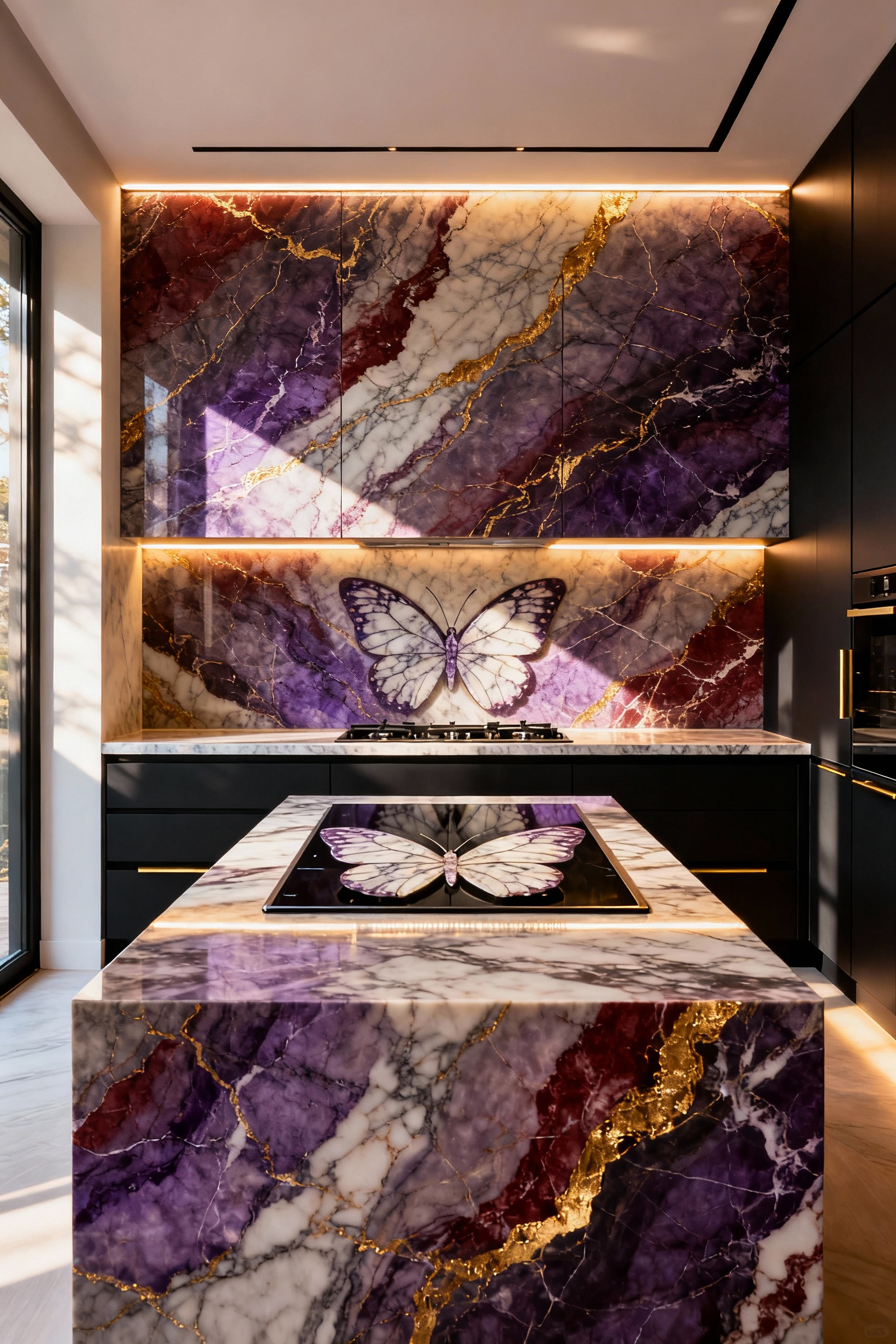 A luxurious contemporary kitchen featuring a dramatic full-height bookmatched Calacatta Viola marble slab backsplash extending seamlessly to the ceiling, complementing the matching stone countertops and large central island, eliminating all grout lines.