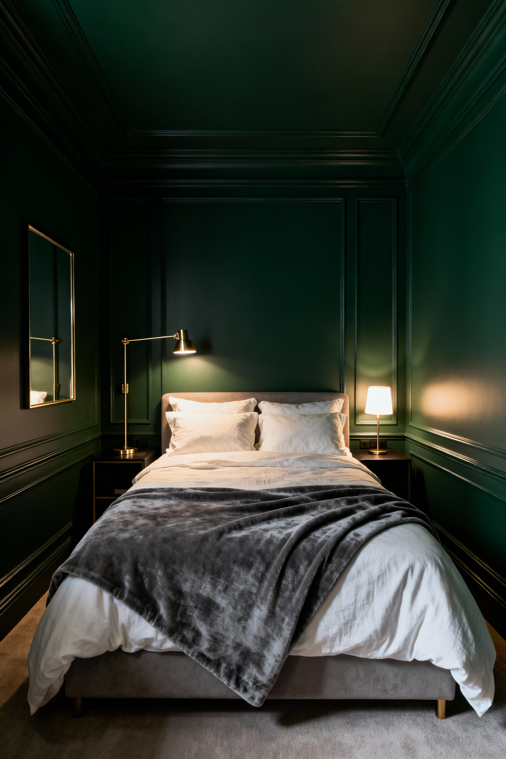 A small, high-end bedroom demonstrating the Jewel Box effect, with walls, trim, and ceiling painted a deep forest green, and a bed featuring crisp white linens and brass accents.