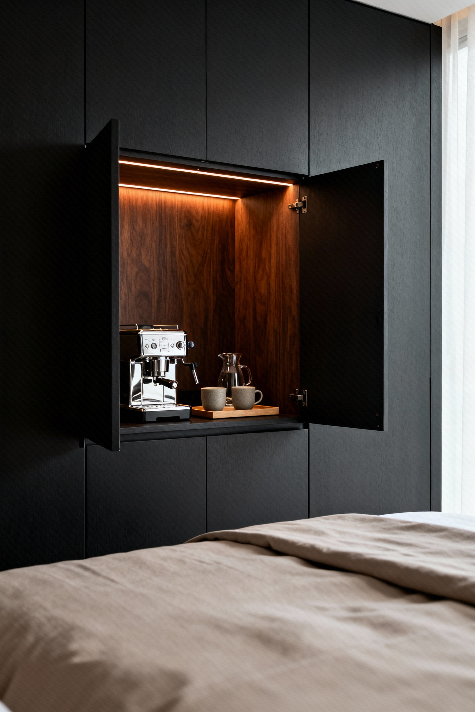 A photograph of an open, hidden micro-concierge station integrated into deep charcoal cabinetry in a small luxury bedroom, revealing a small espresso machine and hydration setup.