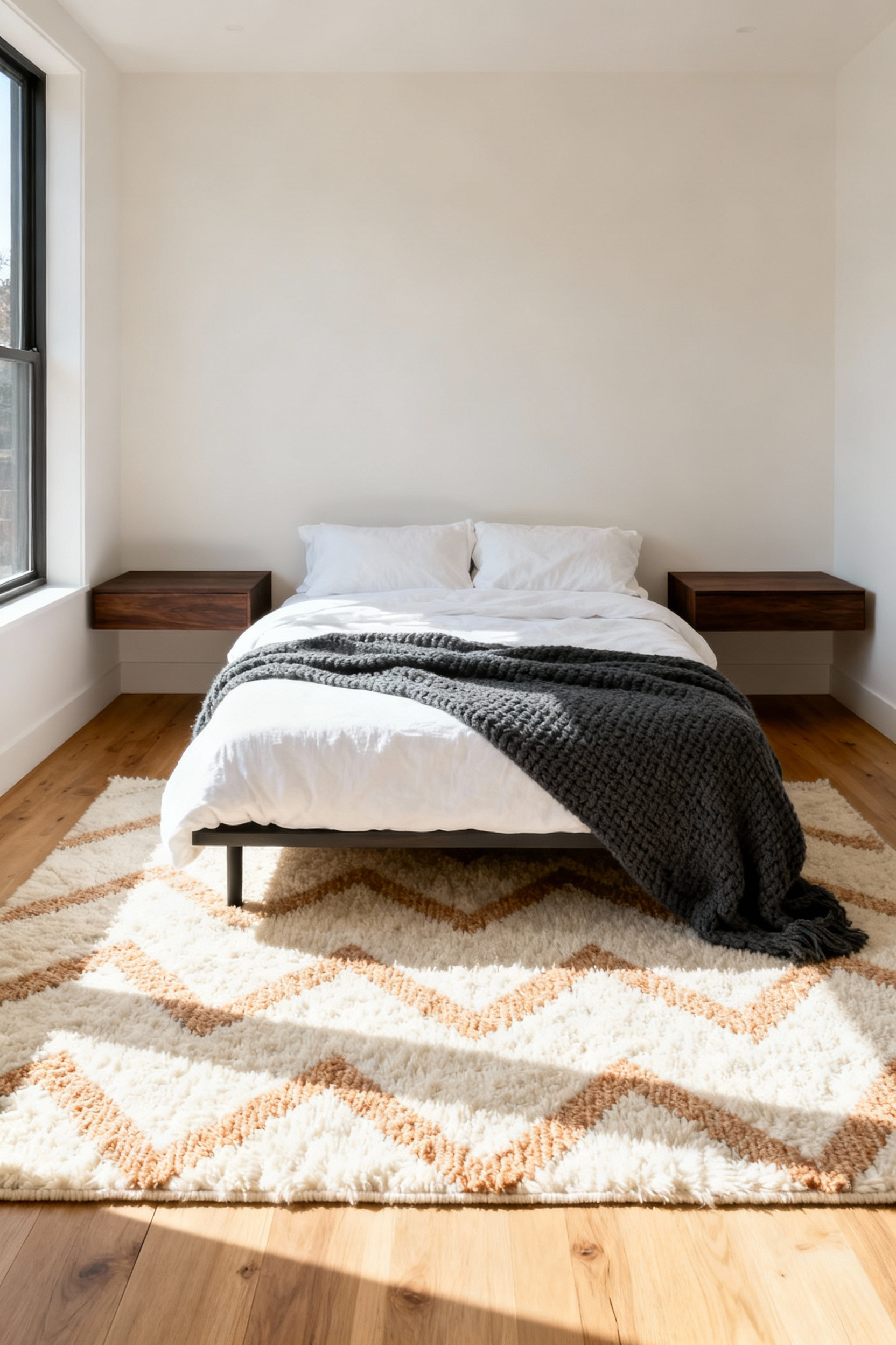 A small modern bedroom demonstrating strategic rug placement rules, showing a large cream area rug covering the bottom two-thirds of the bed and stopping before the floating oak nightstands.