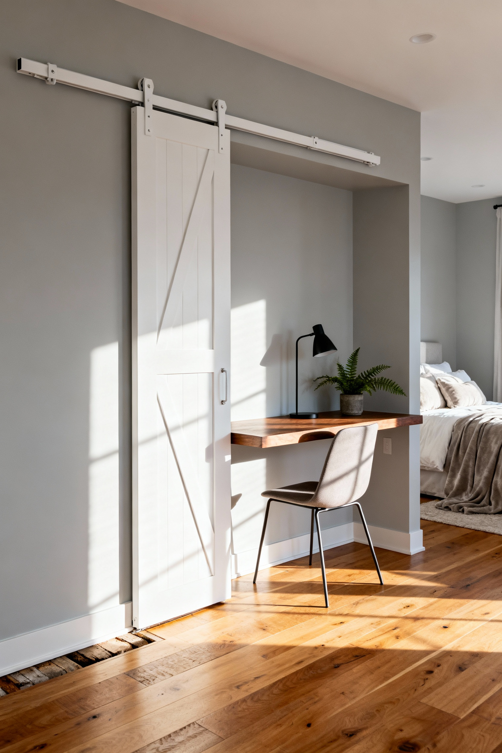 A photograph of a small luxury bedroom showing a narrow desk placed against the wall next to a modern white sliding barn door, demonstrating the space reclaimed by eliminating the traditional door swing.