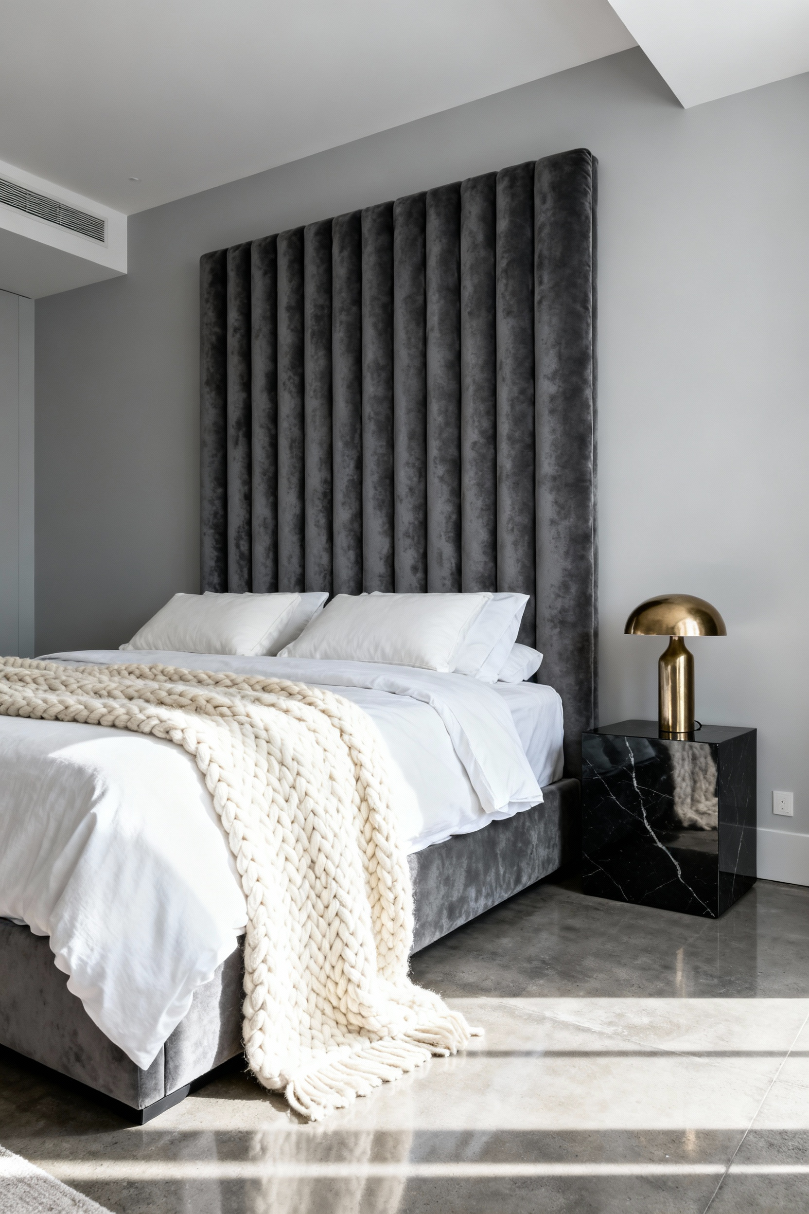 A small, luxurious bedroom featuring a dominant, extra-tall sculptural charcoal velvet headboard that acts as the primary focal point, demonstrating intentional curation over accumulation.