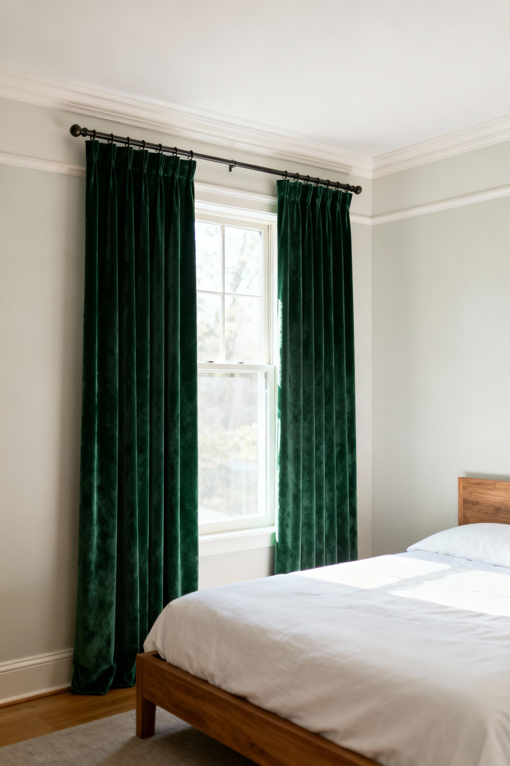 Floor-to-ceiling forest green velvet drapes mounted immediately below the ceiling line in a small bedroom, demonstrating the technique to artificially elevate the room's height perception.