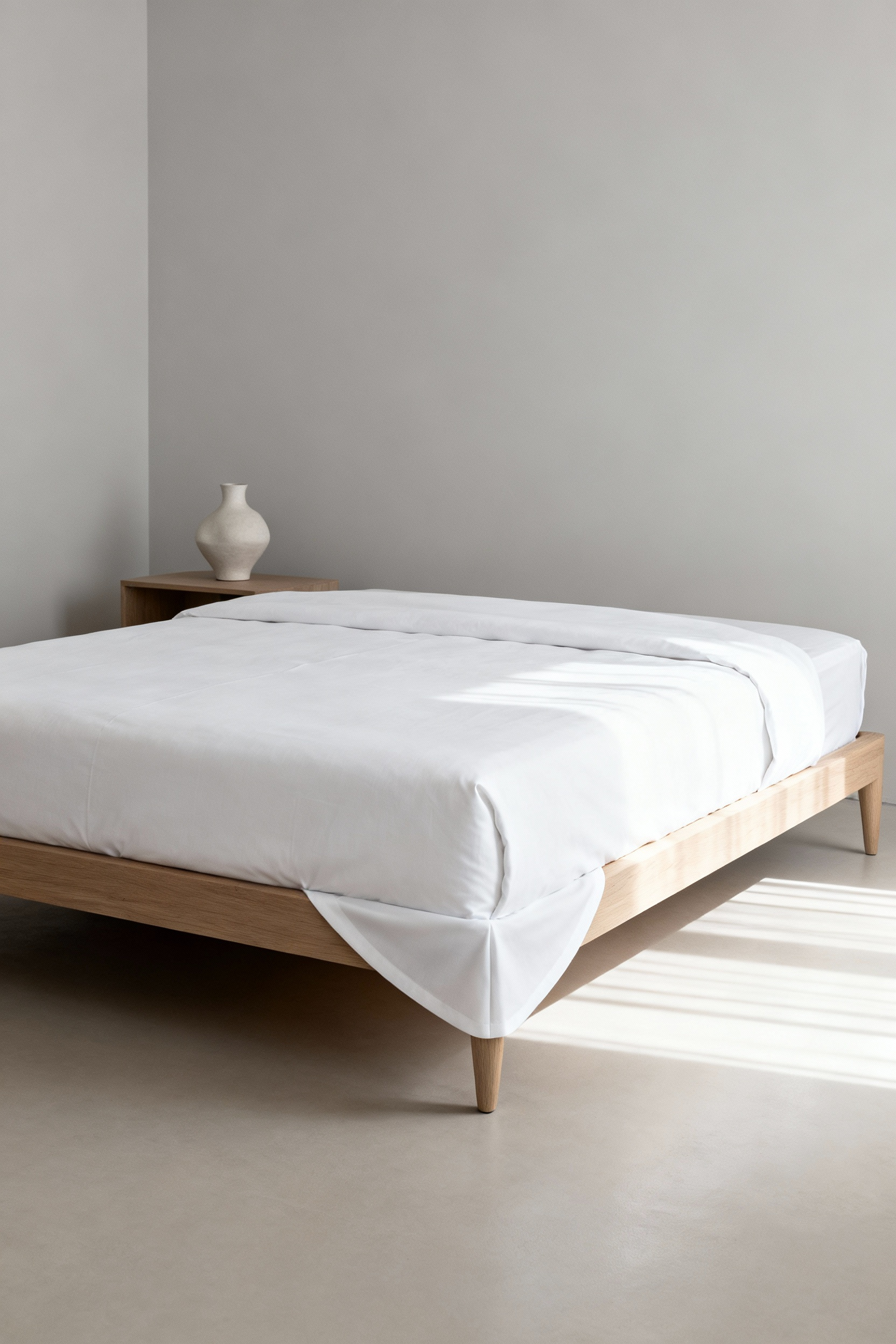 A minimalist small bedroom featuring a perfectly made bed with crisp white linens secured by the 
