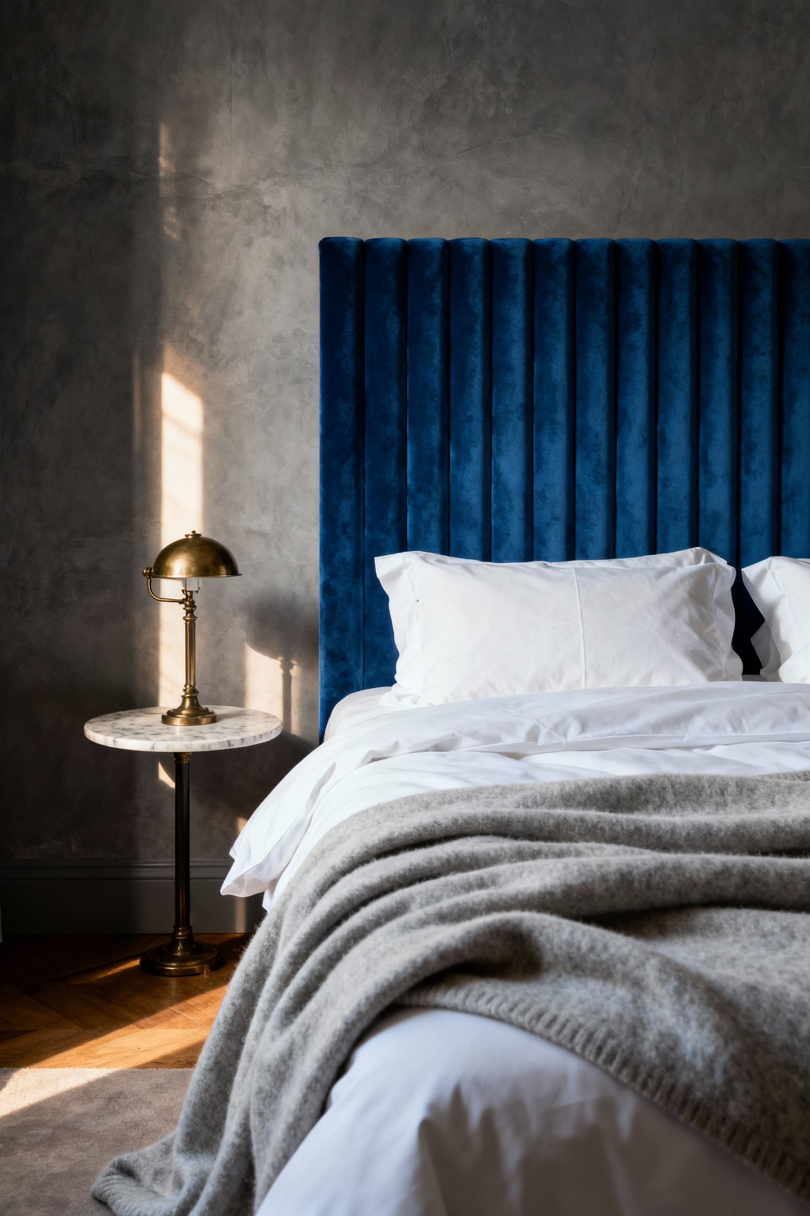 Small luxurious bedroom interior featuring a navy velvet headboard, crisp white linen sheets, and a grey cashmere throw, emphasizing high-quality tactile details.