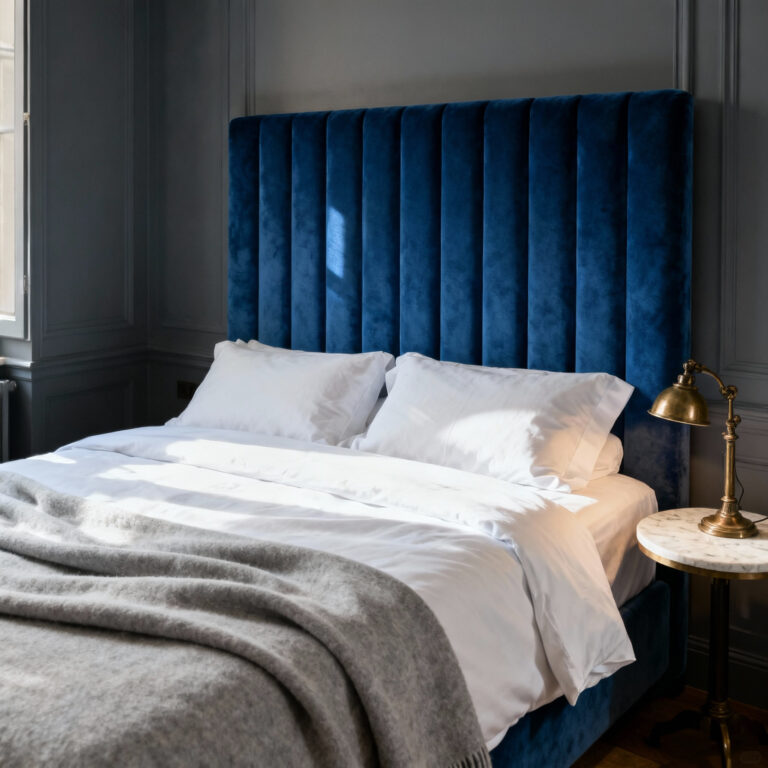 Small luxurious bedroom interior featuring a navy velvet headboard, crisp white linen sheets, and a grey cashmere throw, emphasizing high-quality tactile details.