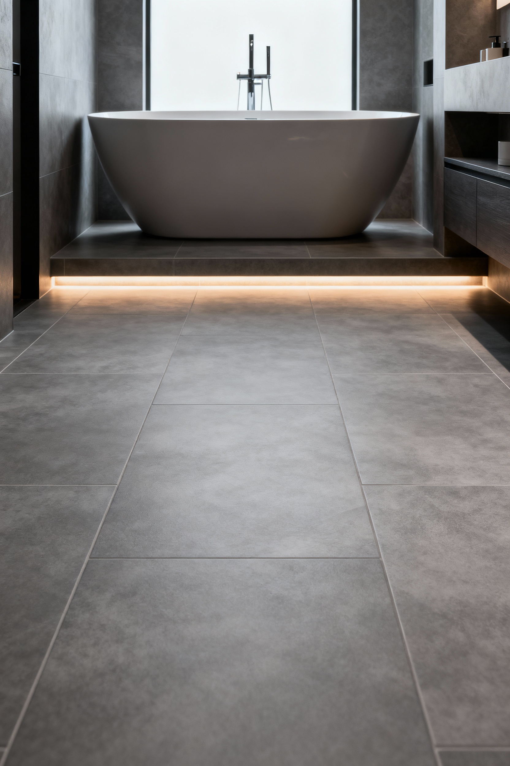 Luxury bathroom floor with integrated smart heating elements, featuring large-format grey porcelain tiles for bespoke comfort and energy efficiency.