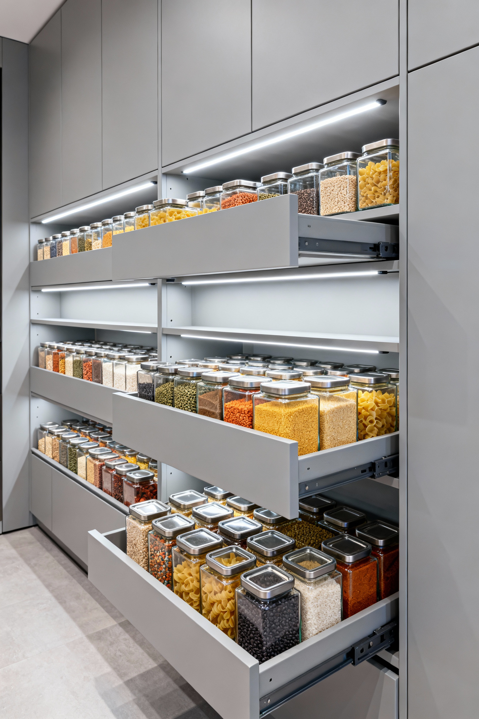 A modern kitchen pantry featuring streamlined storage organization with multiple full-extension drawers pulled open to reveal hundreds of uniform, clear glass jars holding decanted dry goods for automated inventory tracking.