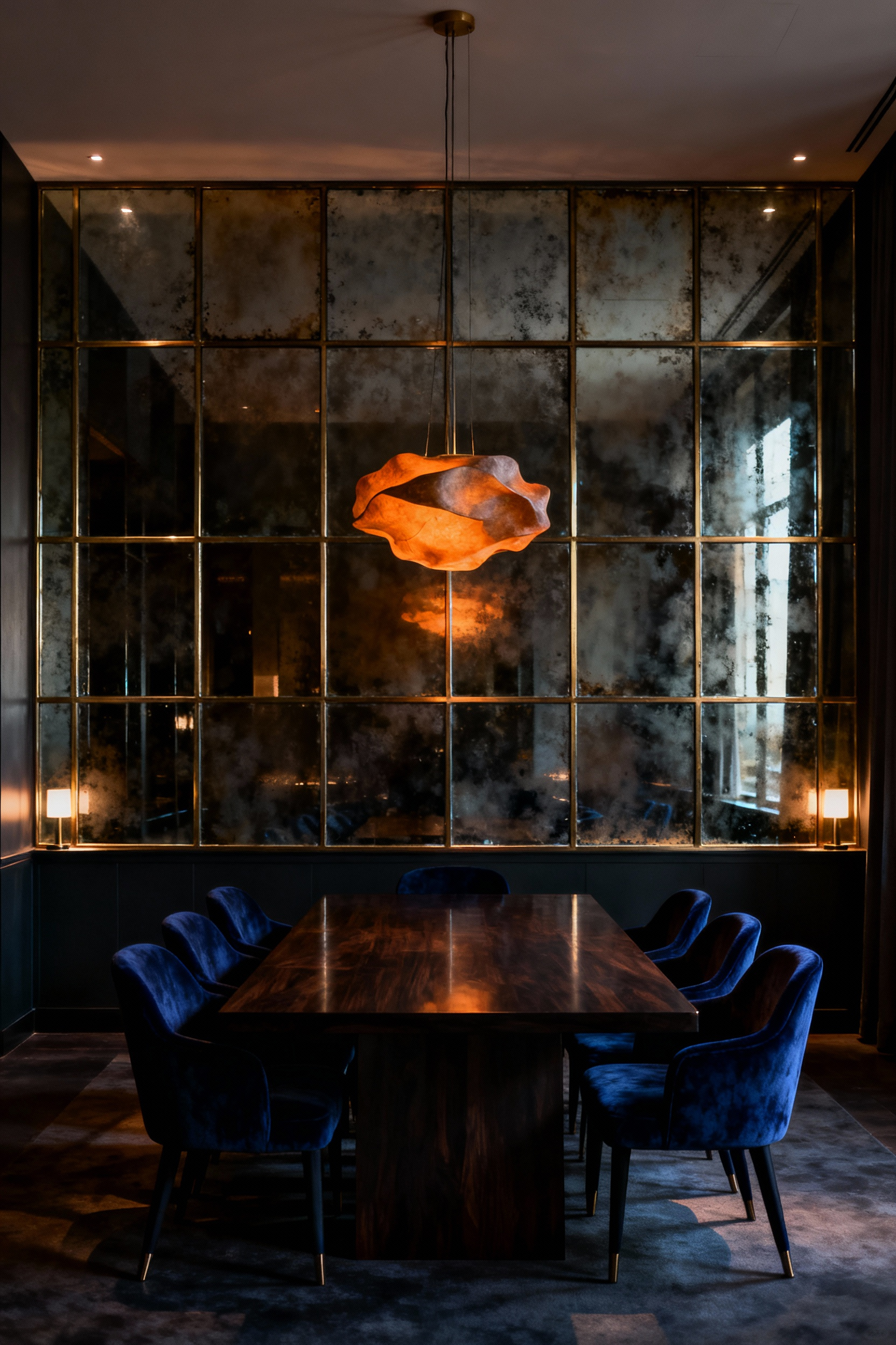 Luxurious dining room featuring a grid of antique, smoked glass mirrors as primary wall decor, emphasizing a soft, space-expanding effect and boutique hotel intimacy.