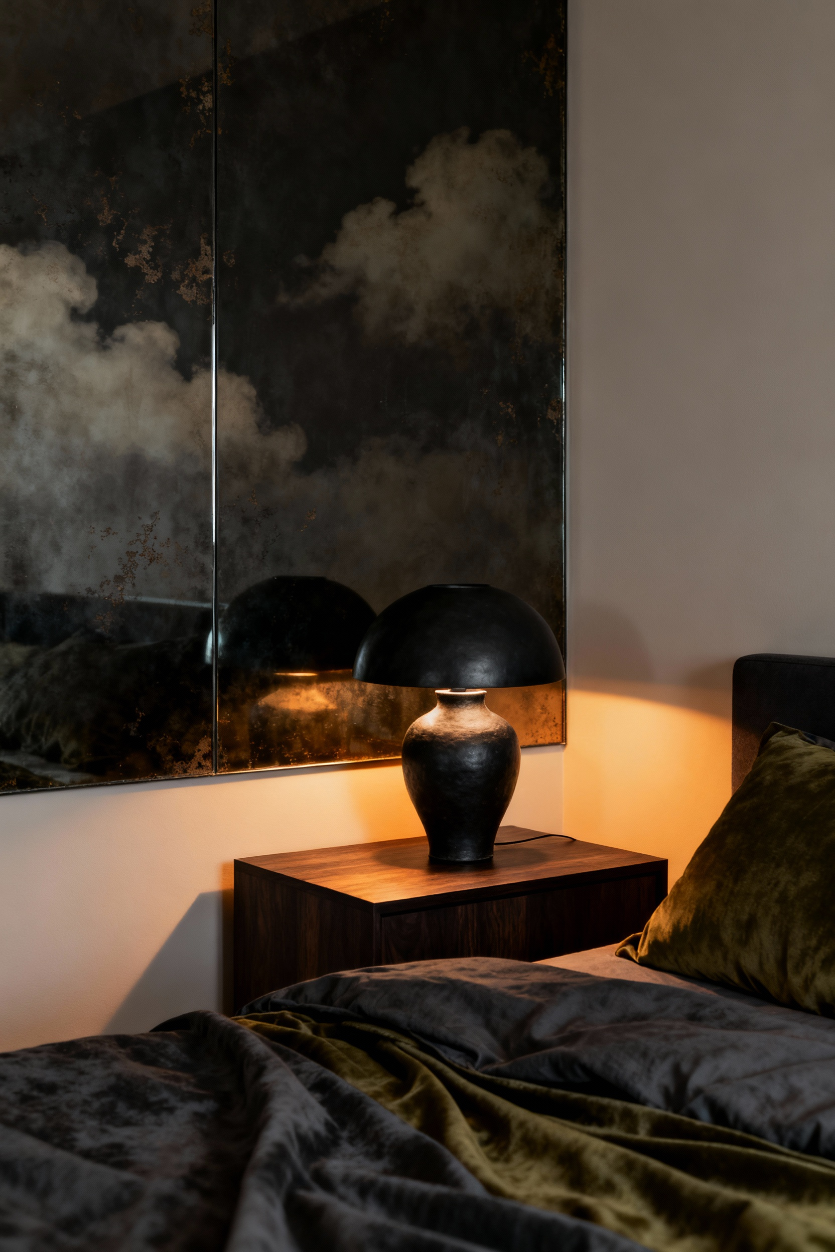 Small bedroom featuring a dark wood nightstand positioned against a large wall panel of antique smoked mirror glass, which subtly doubles the room's visual depth.