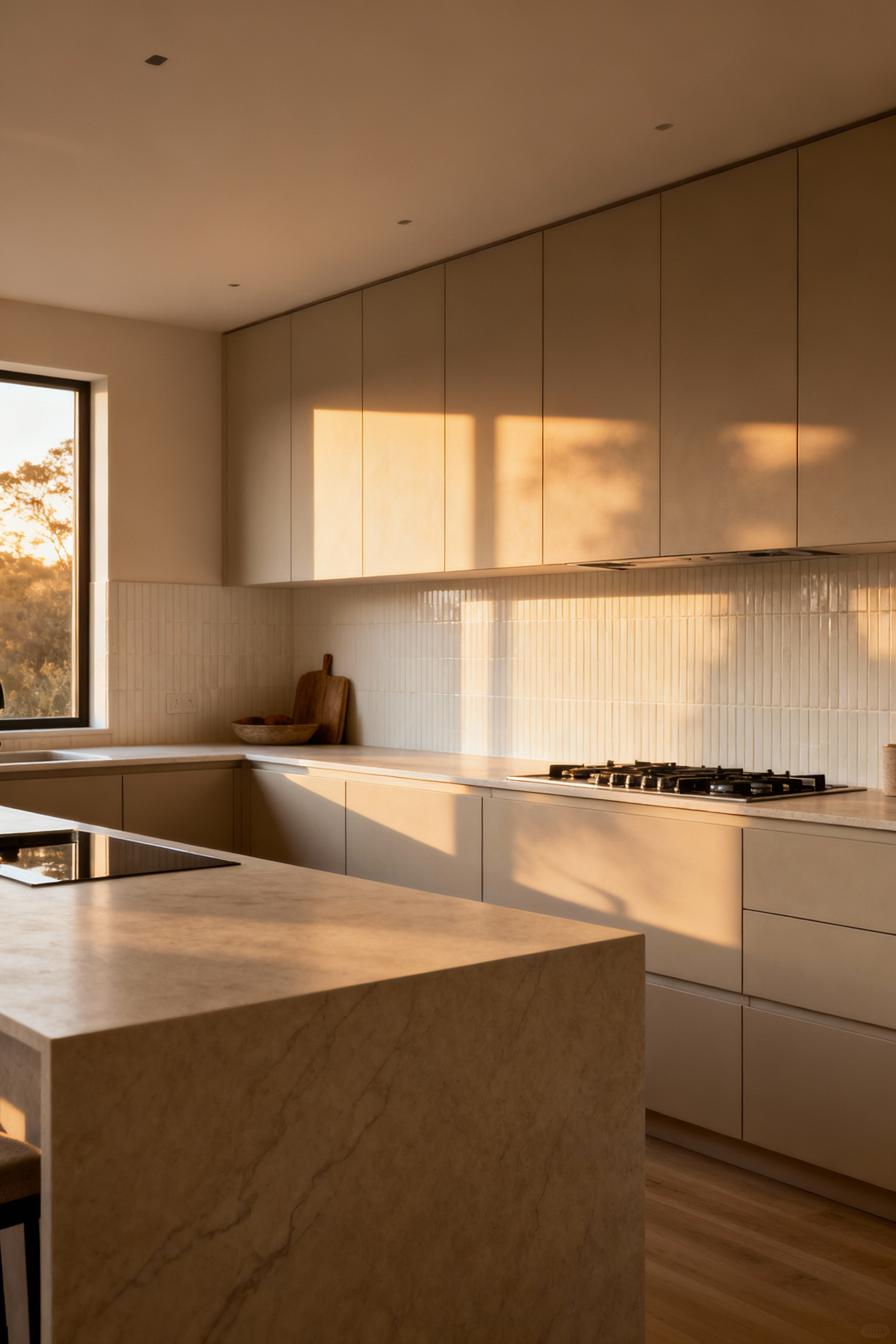 A modern kitchen featuring soft greige cabinetry and a tone-on-tone ceramic backsplash, emphasizing low-contrast design and tranquil aesthetics.