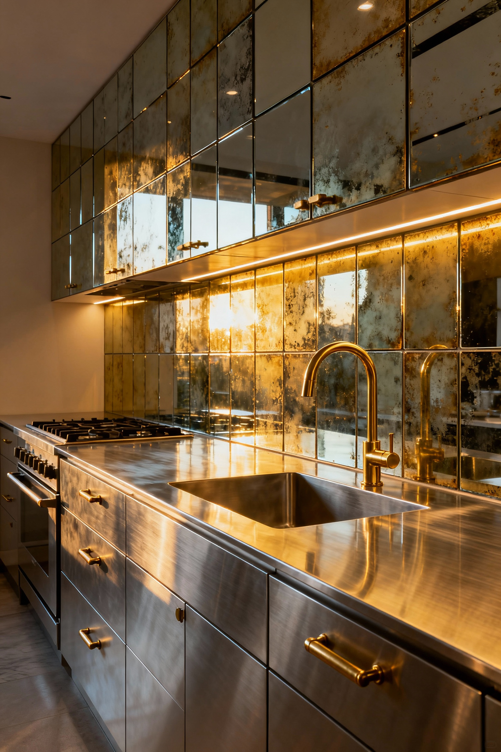 A modern luxury kitchen design showcasing a contrast between cool stainless steel countertops and a highly distressed antiqued mirror backsplash reflecting warm undercabinet lighting.