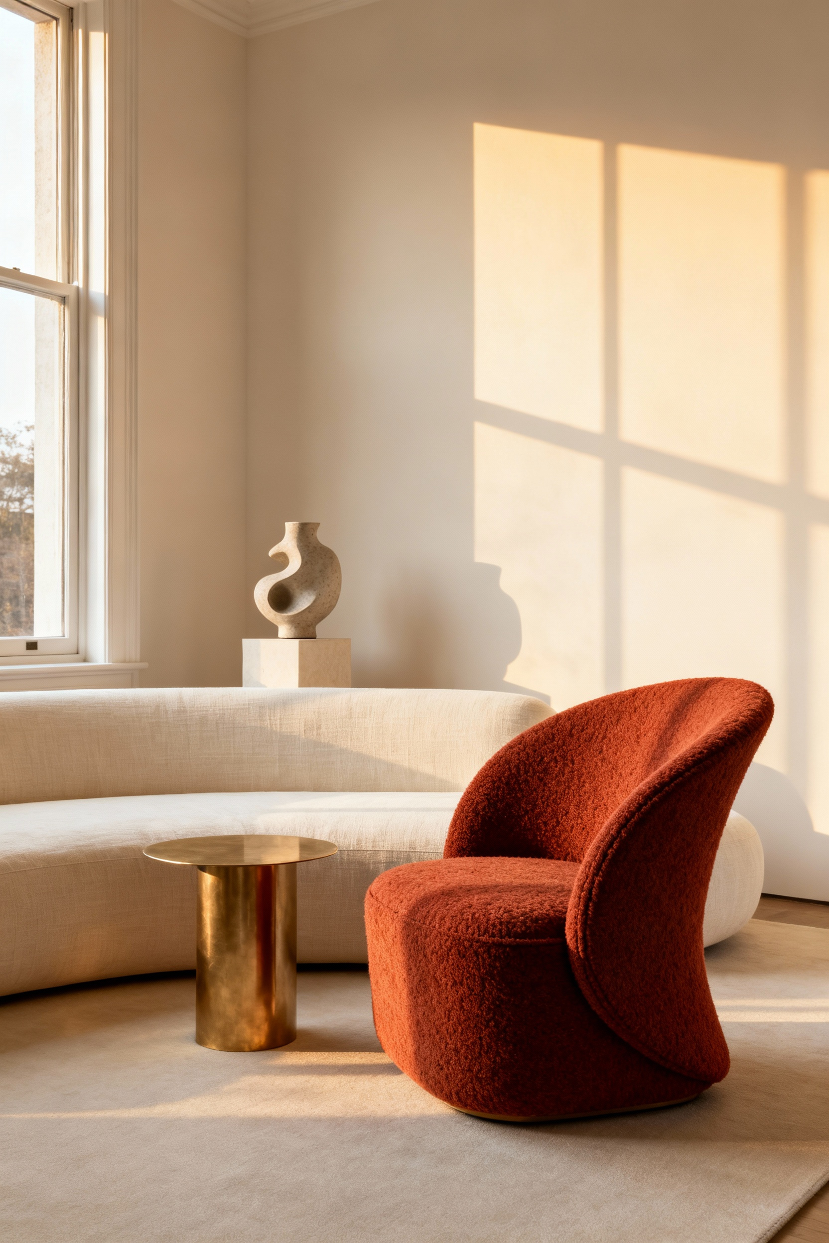 Sculptural terracotta boucle occasional chair serving as a vibrant focal point and art piece in a modern living room contrasted against a large cream sofa.