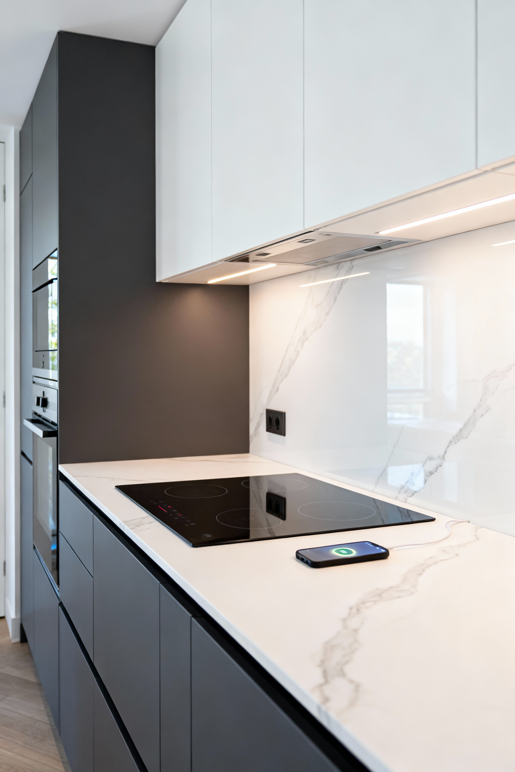 Minimalist modern kitchen layout with white quartz countertops and deep gray cabinets, showcasing integrated wireless charging and hidden power points for a seamless stealth user interface (UI) experience.