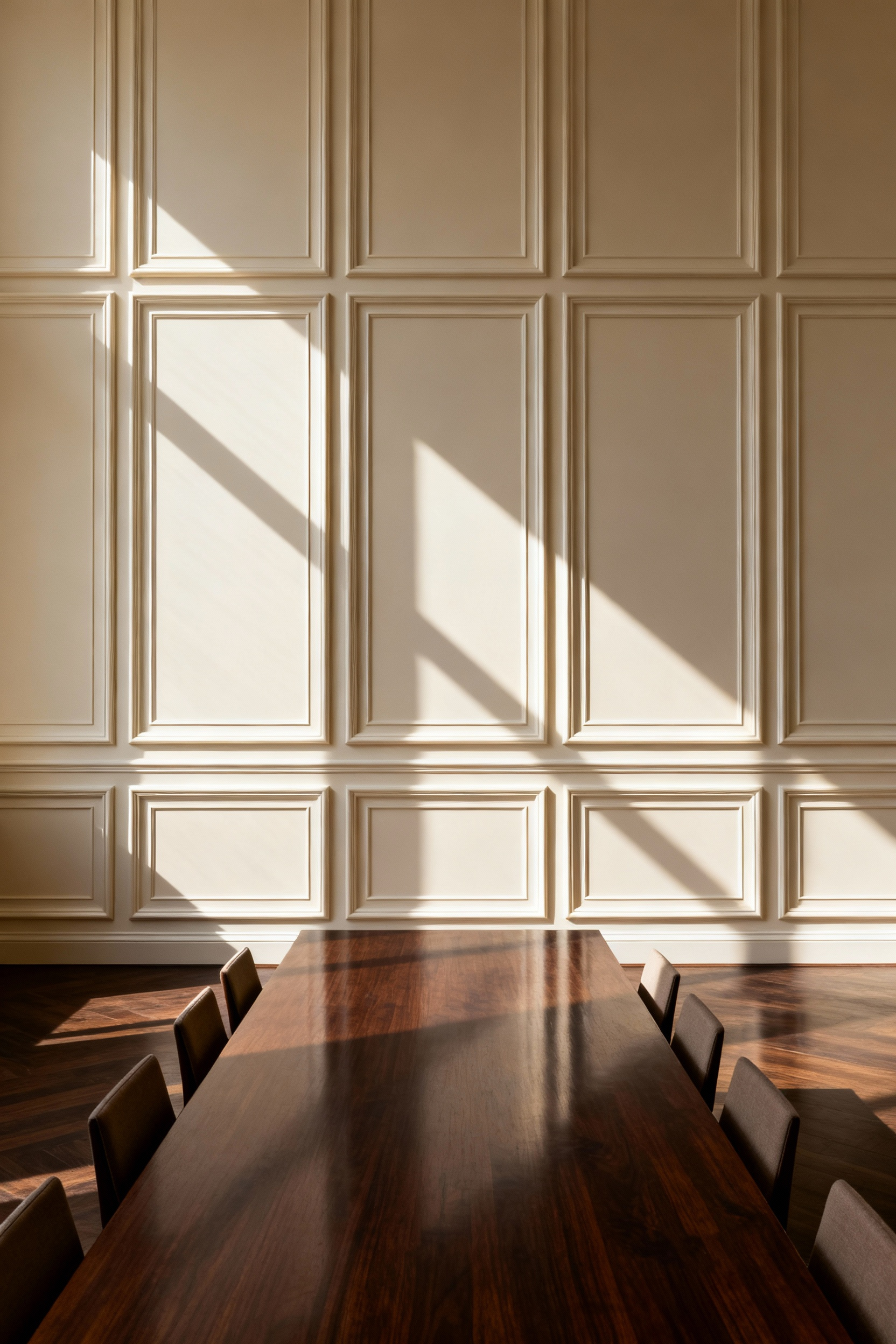 Elegant dining room wall decor featuring detailed picture frame molding and wainscoting bathed in soft directional light, demonstrating architectural luxury.