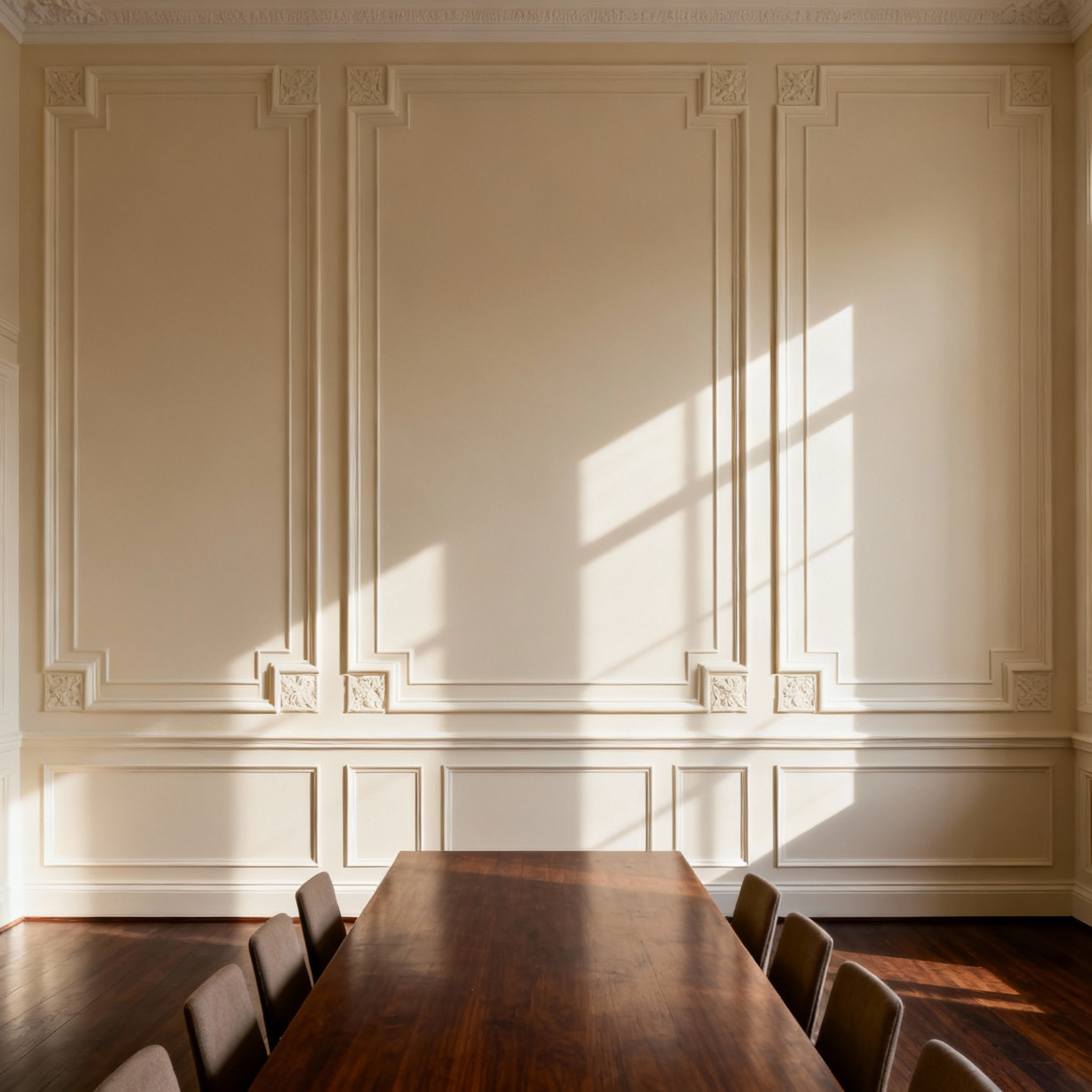 Elegant dining room wall decor featuring detailed picture frame molding and wainscoting bathed in soft directional light, demonstrating architectural luxury.
