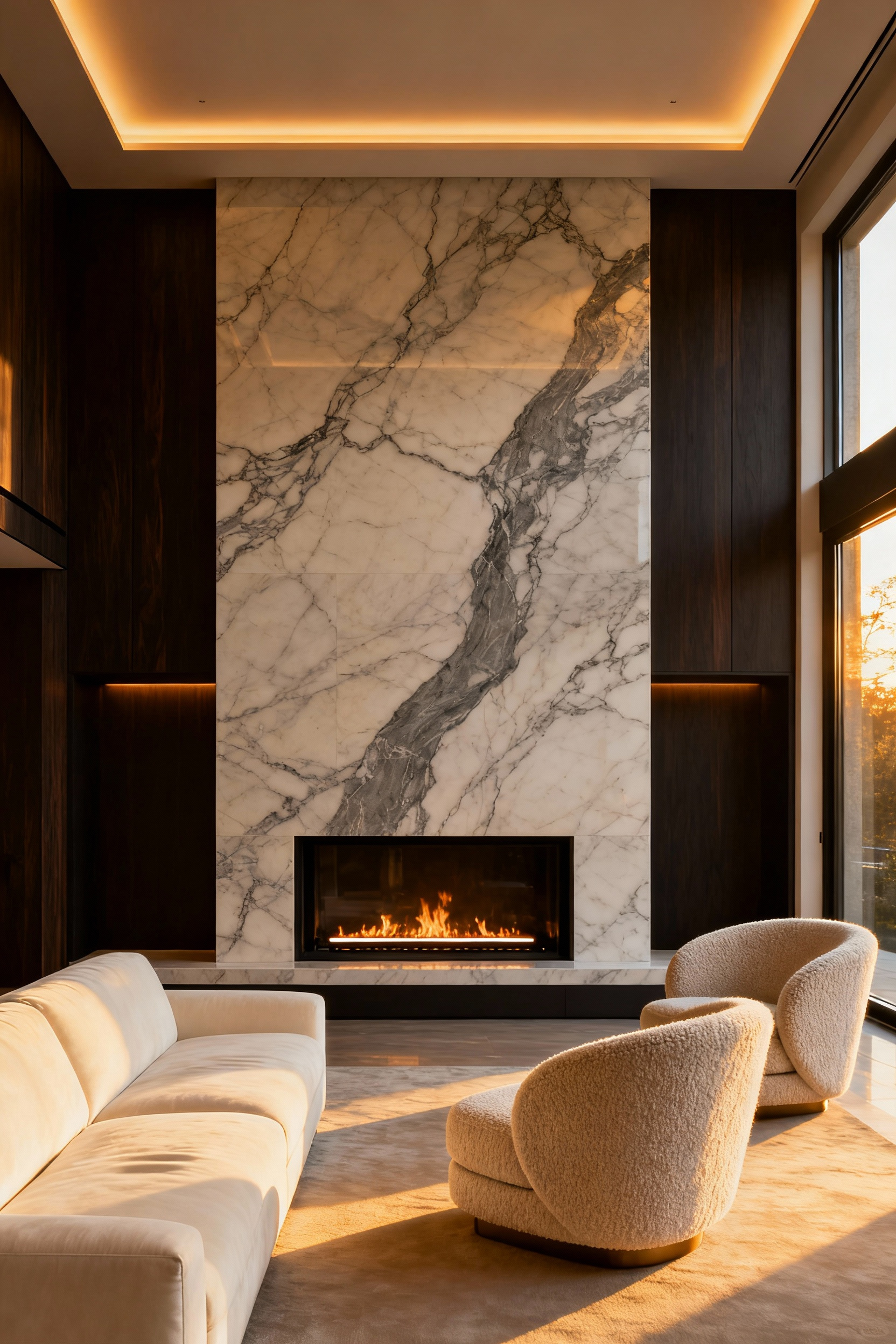 Luxurious modern living room featuring a monolithic floor-to-ceiling marble fireplace as the structural focal point, anchoring the high-end interior design layout.