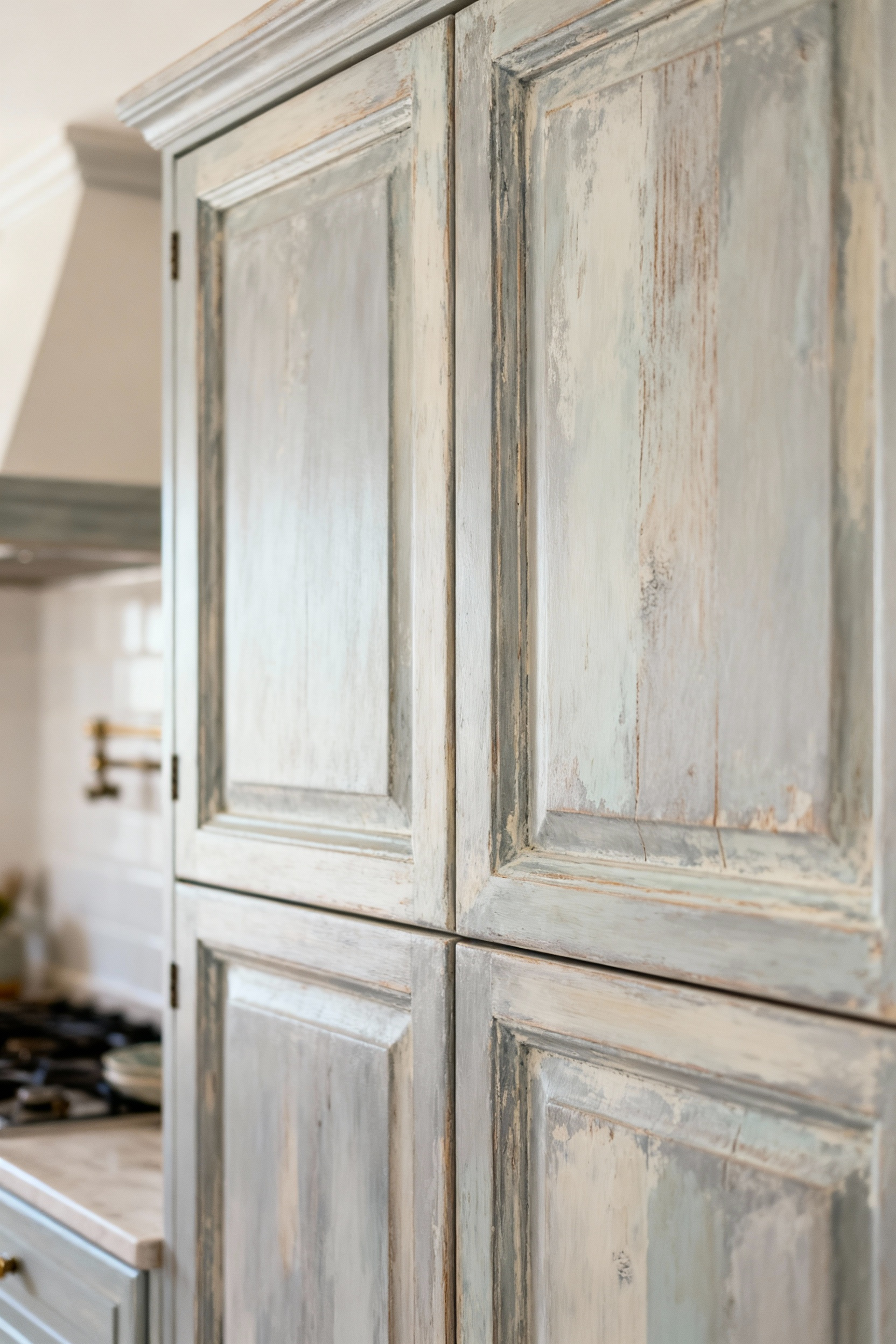Coastal kitchen cabinets with subtle patina finish, showcasing limewash and distressed details for an enduring Mediterranean aesthetic.