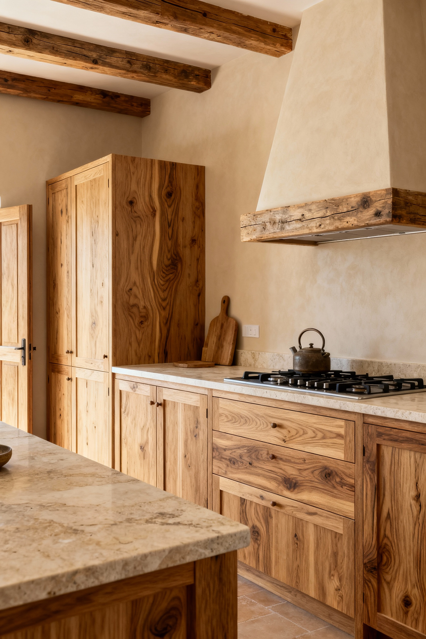 Coastal kitchen cabinets made from sustainable hardwoods, featuring stunning, ethereal wood grain patterns. The durable cabinetry is designed for a Mediterranean-inspired setting, bathed in natural light.