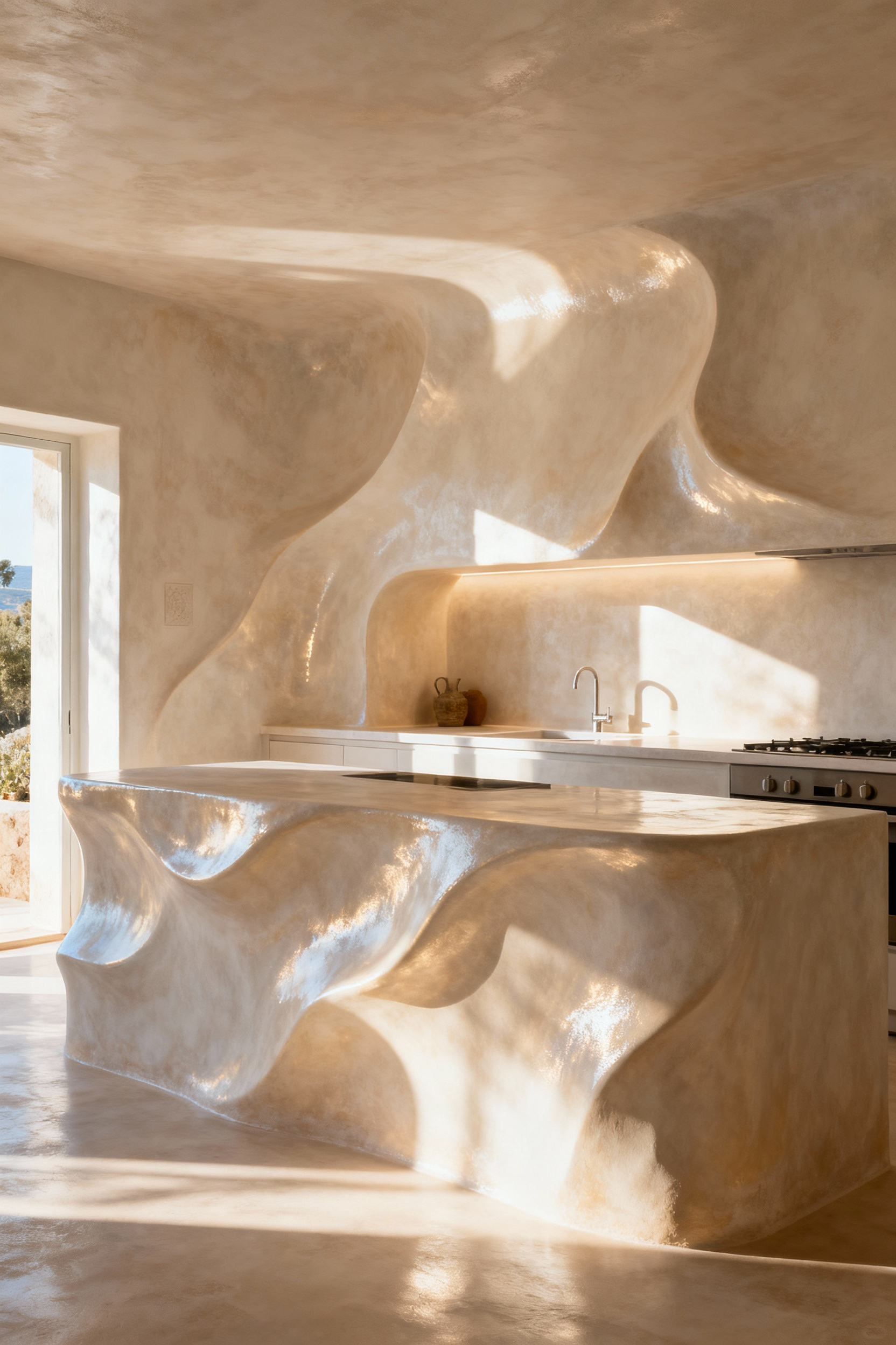Mediterranean kitchen with luminous Tadelakt plaster walls, seamless sculptural finish, natural light, elegant kitchen design