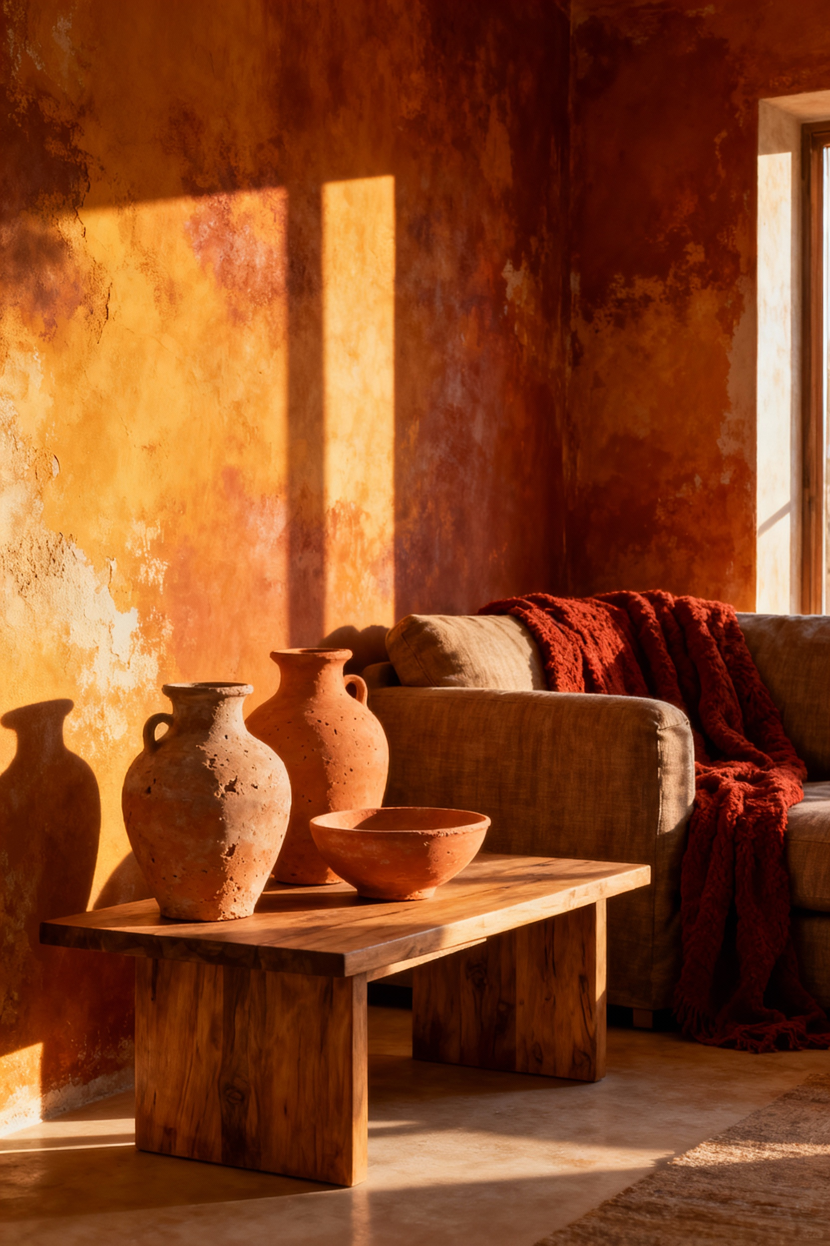 A cozy living room dominated by burnt ochre walls, featuring raw unglazed terracotta pottery displayed on a medium oak side table, emphasizing a sun-baked, Mediterranean aesthetic and psychological warmth.