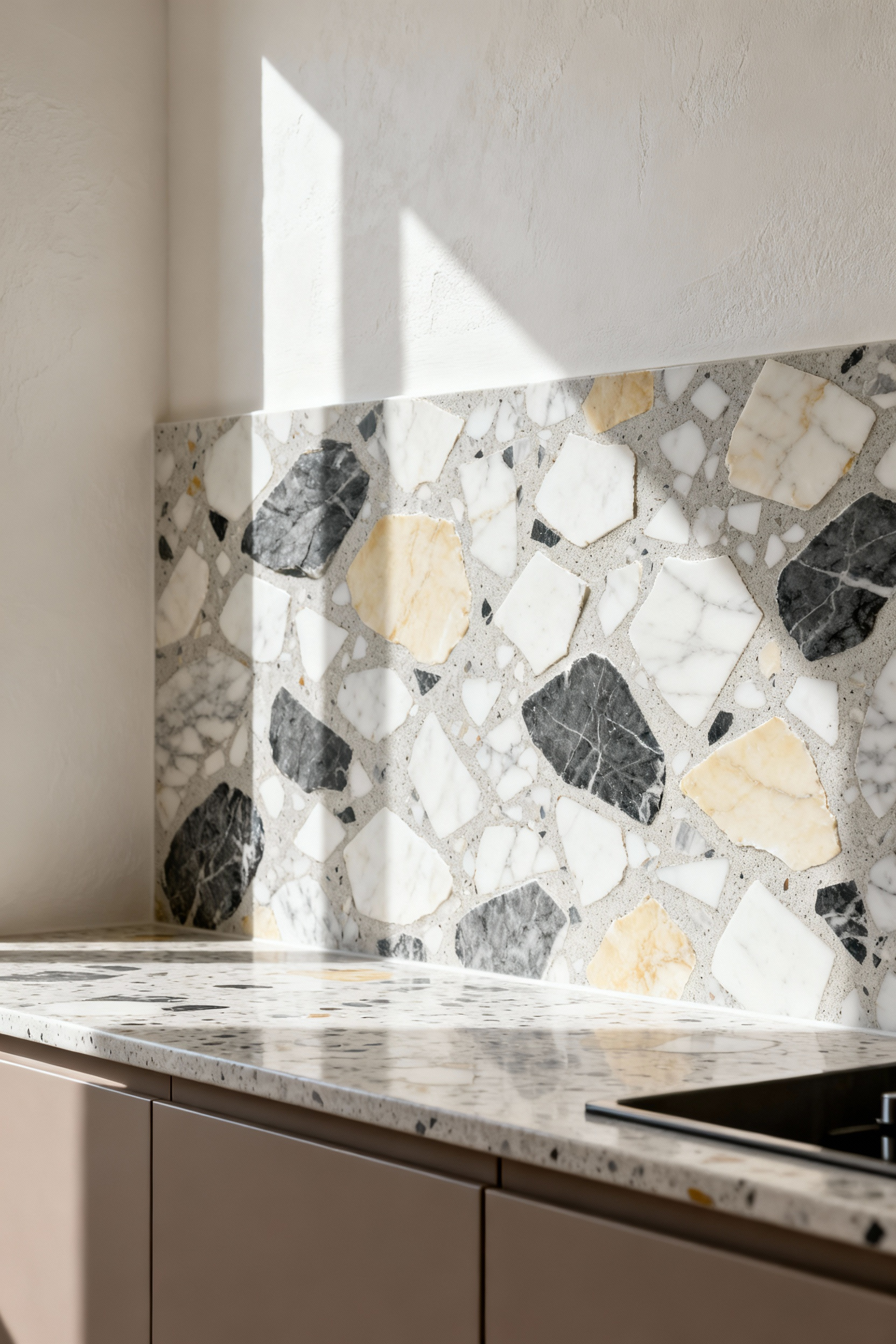 A luxury modern kitchen featuring a dramatic full-height backsplash and countertop made from Palladiana Venetian aggregate terrazzo, where large marble fragments contrast against minimalist bone-white plaster walls.