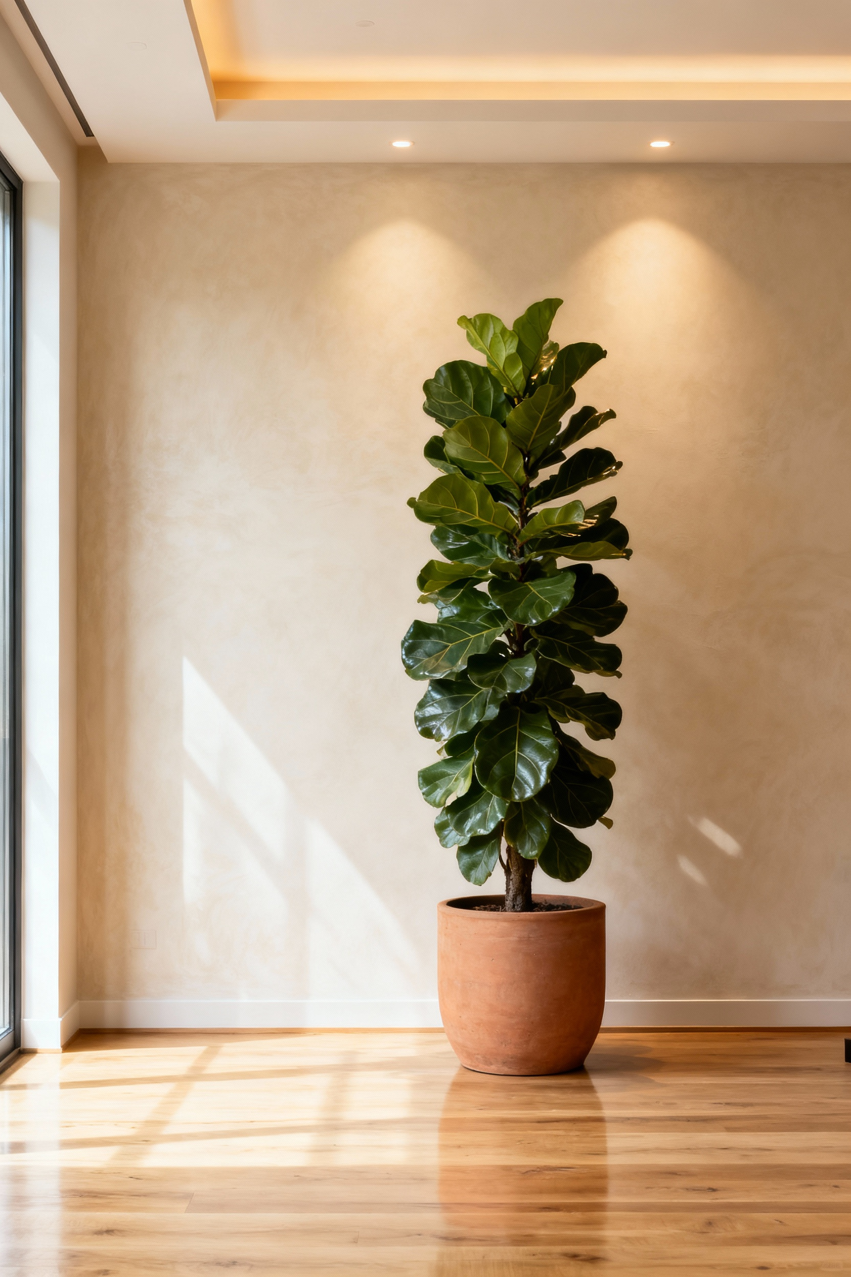 A towering Fiddle Leaf Fig tree in an oversized cream planter placed in the empty corner of a bright, modern living room, demonstrating high-end scale and dramatic vertical decor.