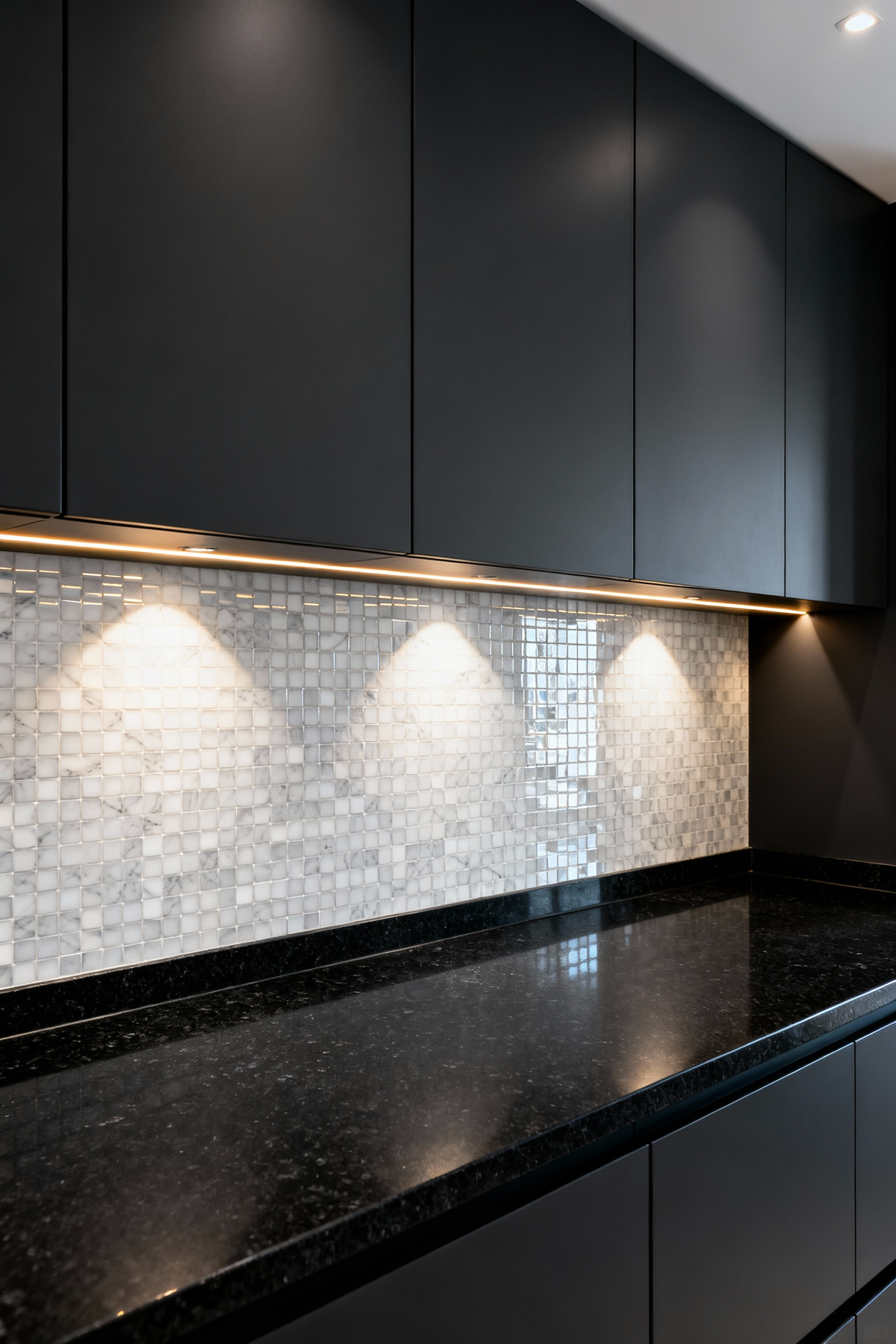 Luxurious modern kitchen featuring the high-contrast 'Tuxedo Effect' with matte honed Absolute Black granite countertops and a bright Thassos White marble mosaic backsplash.