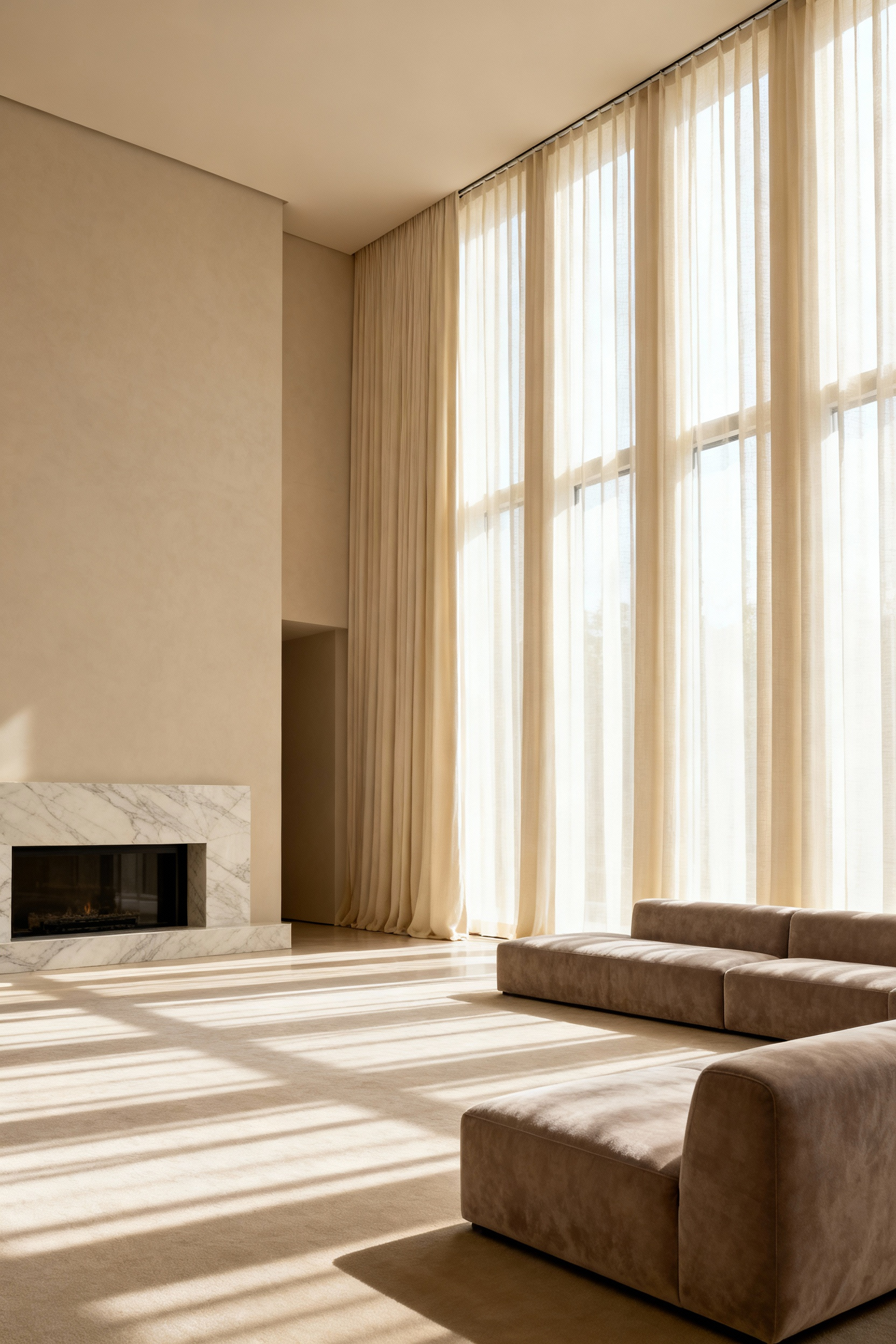 Luxurious living room design showing floor-to-ceiling drapery in creamy linen, installed flush with the ceiling to create the illusion of exaggerated vertical height and a grand, penthouse atmosphere.
