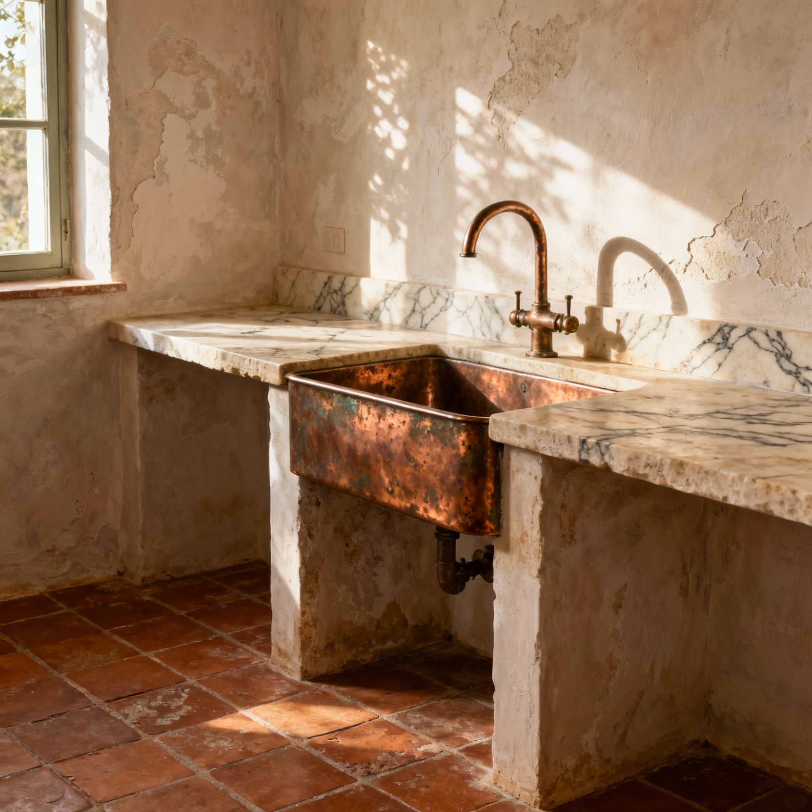 A Wabi-Sabi inspired Mediterranean kitchen featuring terracotta floor, limestone counter, unlacquered copper sink, and plaster walls with natural, aged patinas under soft sunlight.