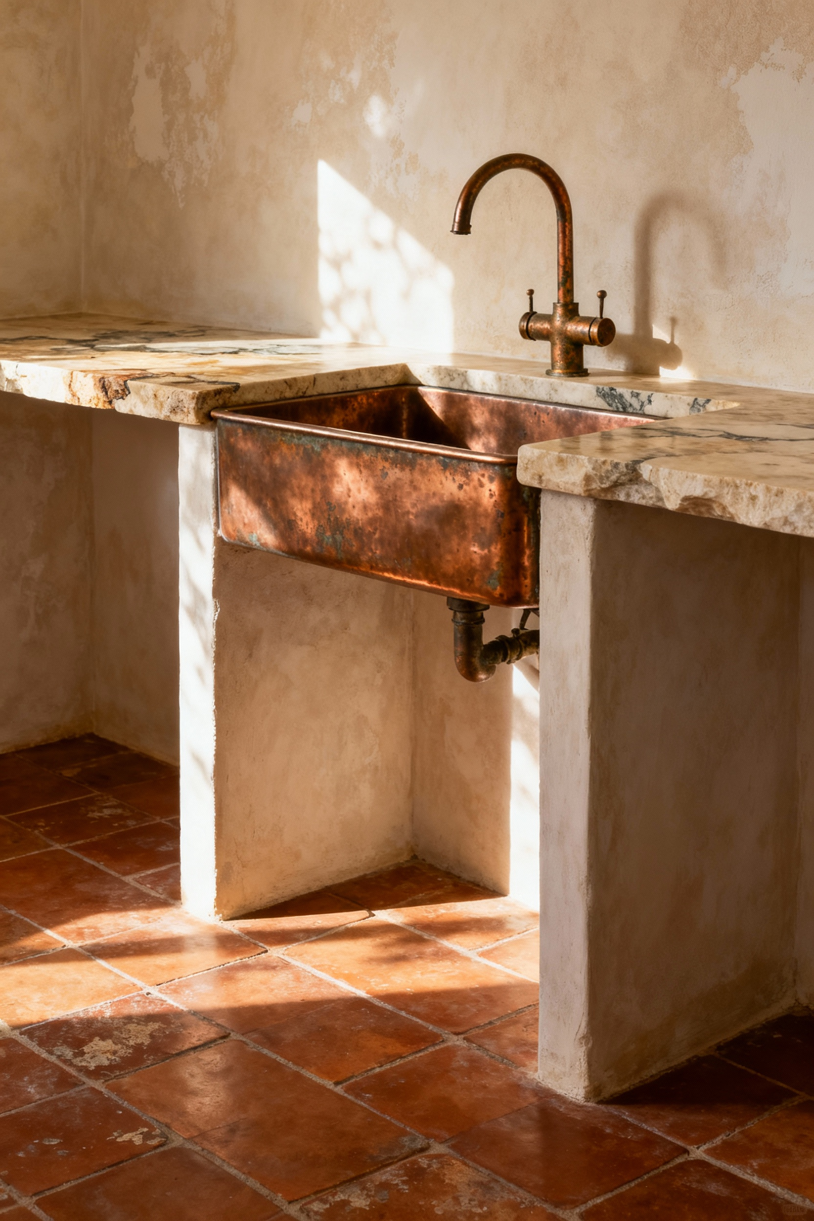 A Wabi-Sabi inspired Mediterranean kitchen featuring terracotta floor, limestone counter, unlacquered copper sink, and plaster walls with natural, aged patinas under soft sunlight.