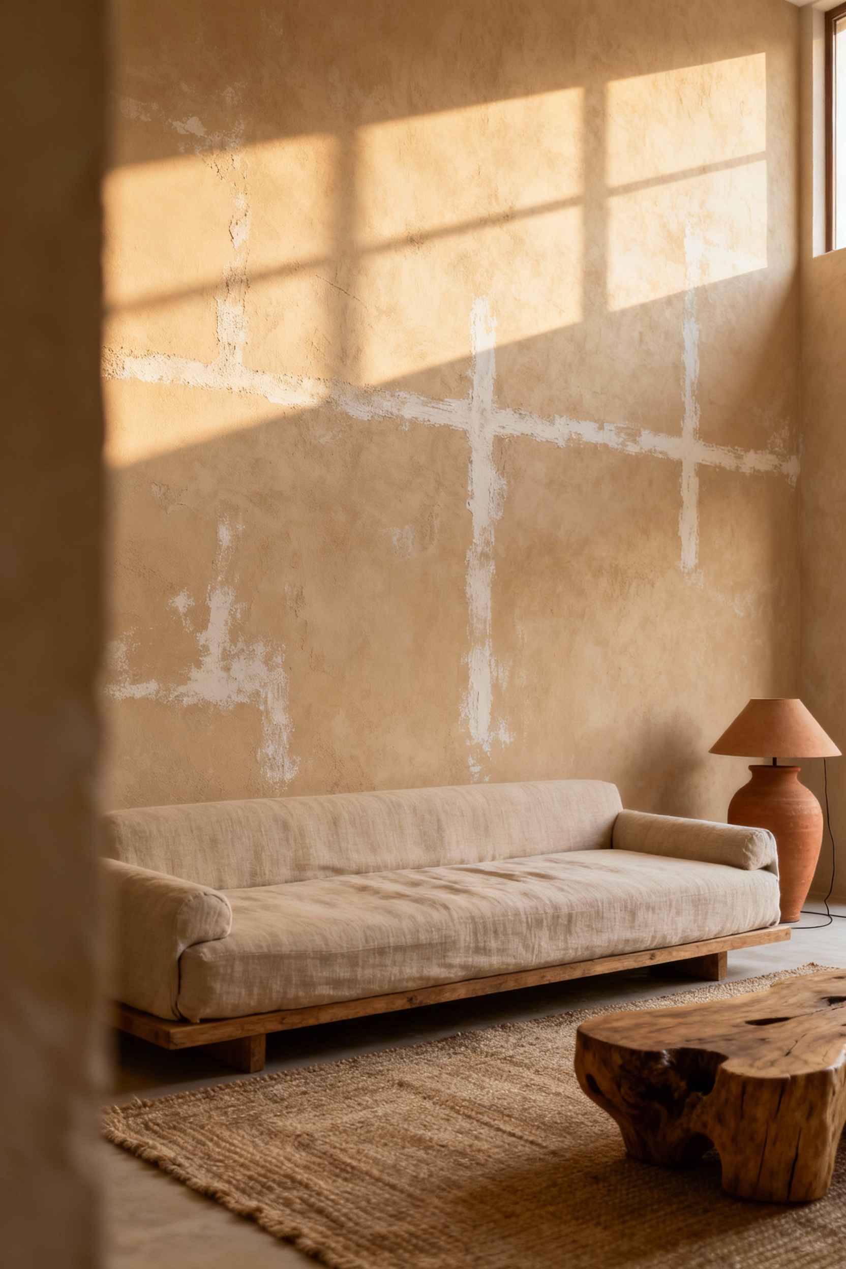 A wide-angle view of a cozy living room showcasing a warm, sand-colored limewash wall finish with visible, uneven texture that absorbs the diffused sunlight, lending depth and a Wabi-Sabi aesthetic.