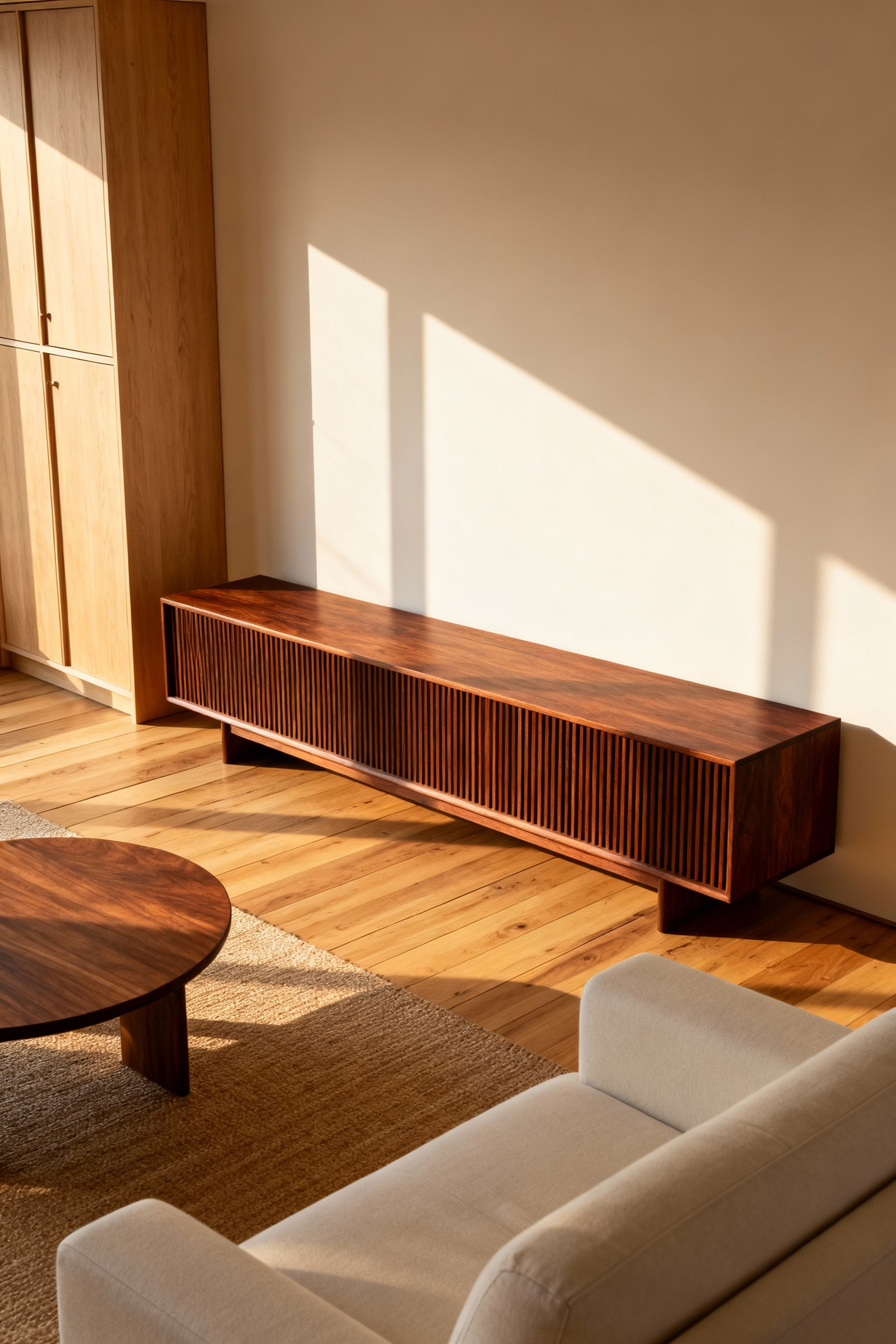 Detailed interior photograph of a modern living room featuring a slatted walnut media console contrasted against light oak flooring and cabinetry, illustrating warm wood furniture styles.