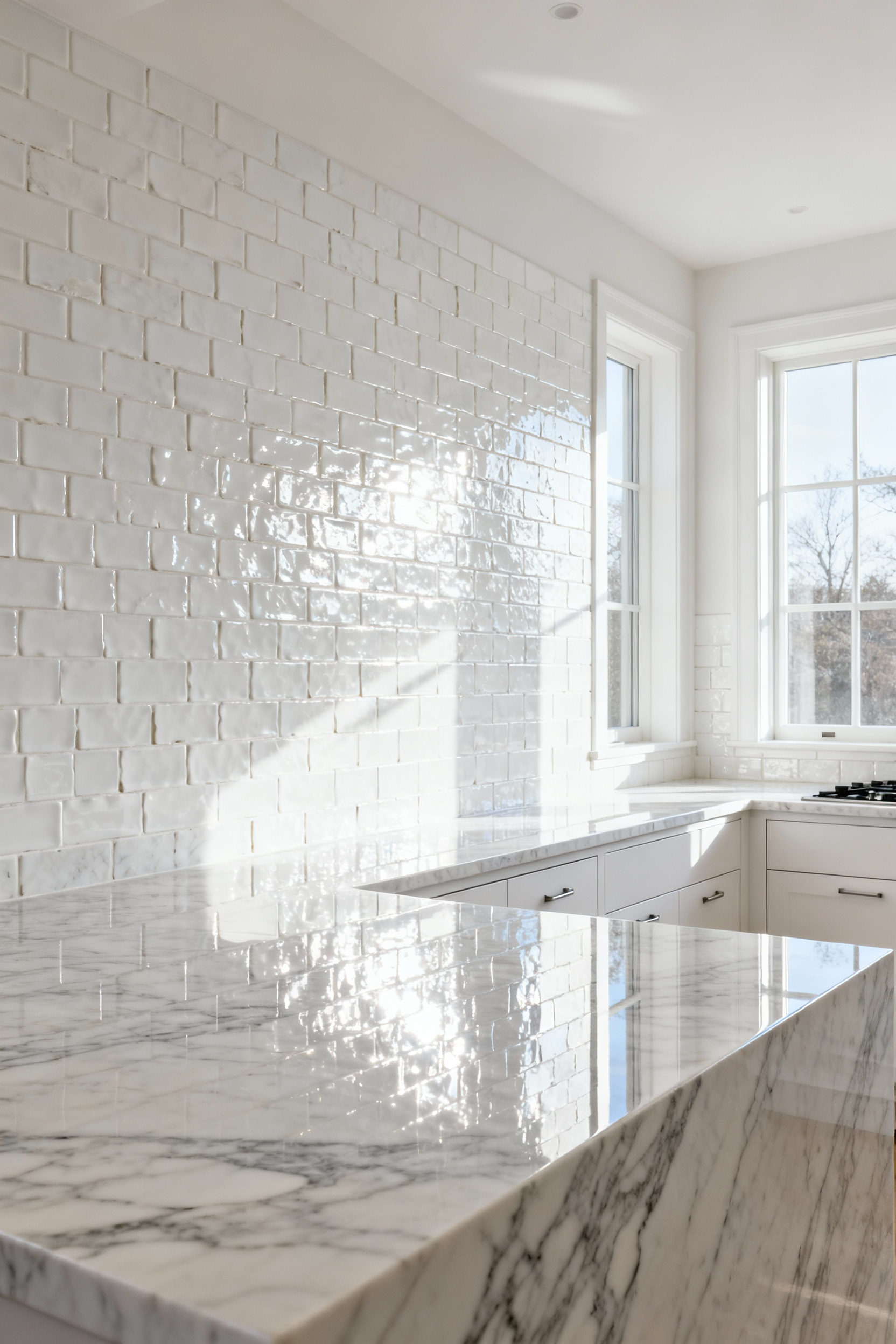 White modern kitchen featuring highly polished marble countertops and a textural, hand-glazed Zellige tile backsplash, showcasing a layered white-on-white design strategy.